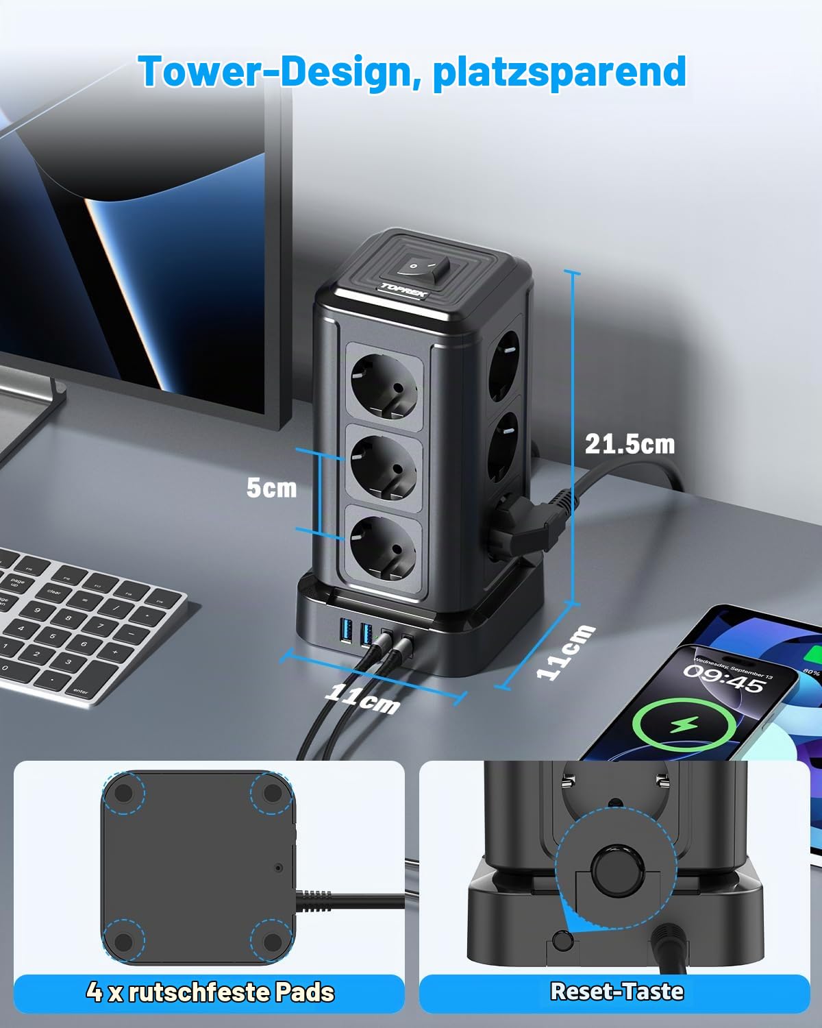 TOPREK Steckdosenturm USB C, Mehrfachsteckdose Überspannungsschutz PD 20W | 20W USB C Schnellladen, 3680W/16A Steckdosenleiste, Steckdose mit Schalter für Büro Küche Tisch, Schwarz 2M
