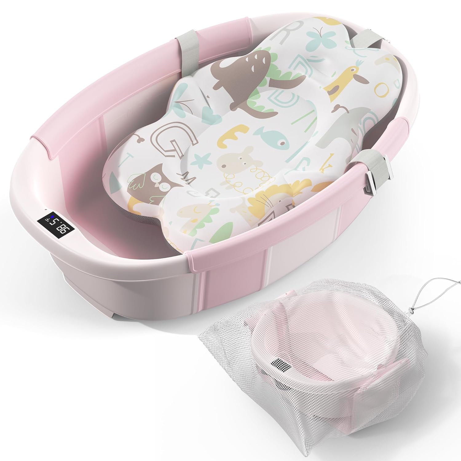 Collapsible Baby Bathtub - Large Baby Bath Tub with Thermometer & Cushion | Travel Portable Newborn Infant Bathtub | Foldable Toddler Bathtub for Baby 0 to 36 Months (Pink)