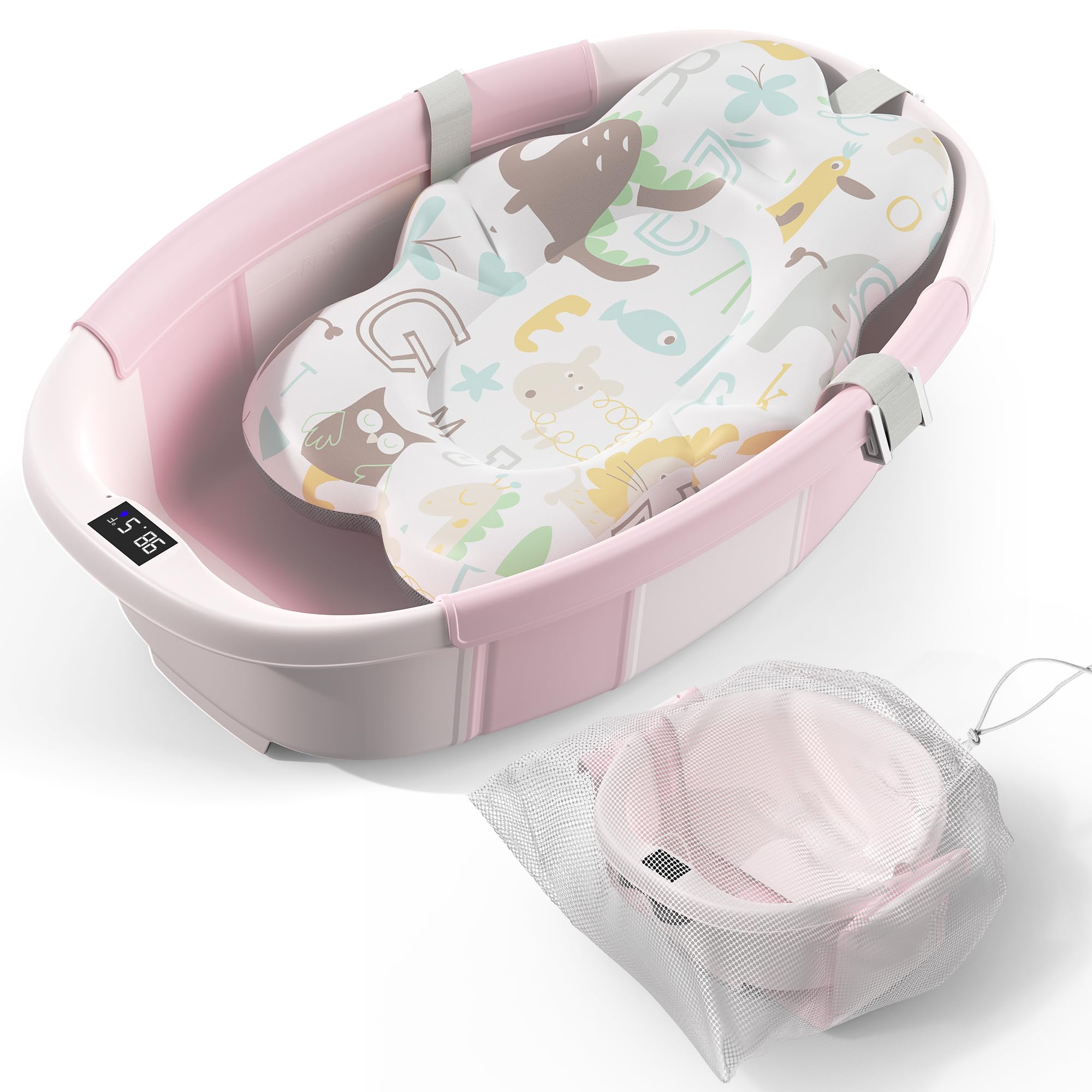 Collapsible Baby Bathtub - Large Baby Bath Tub with Thermometer & Cushion | Travel Portable Newborn Infant Bathtub | Foldable Toddler Bathtub for Baby