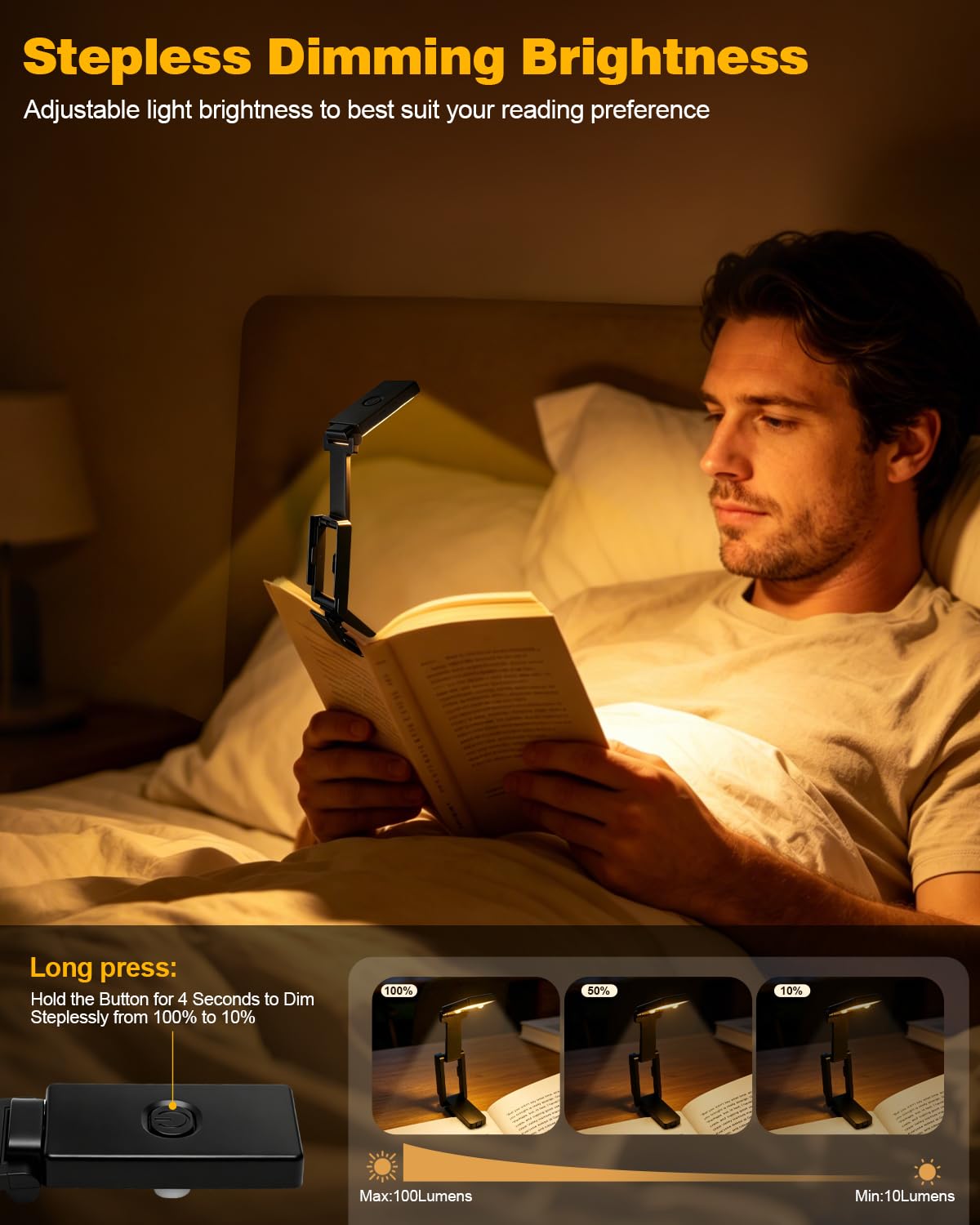 3000 K wiederaufladbares warmes LED-Licht für Bücher, einfache Augen, Leselampen mit Clip für Bett, Auto und Reisen, leicht, schlank, 60 g, ideal für Leser