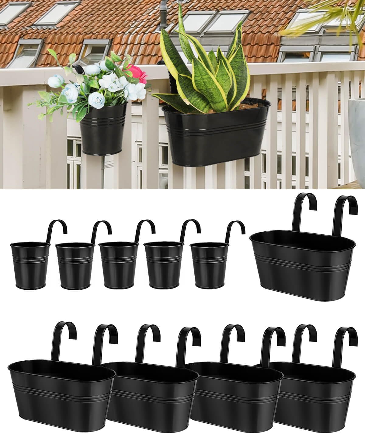 JEUIHAU 6 PCS Metal Hanging Planter Buckets, Black Iron