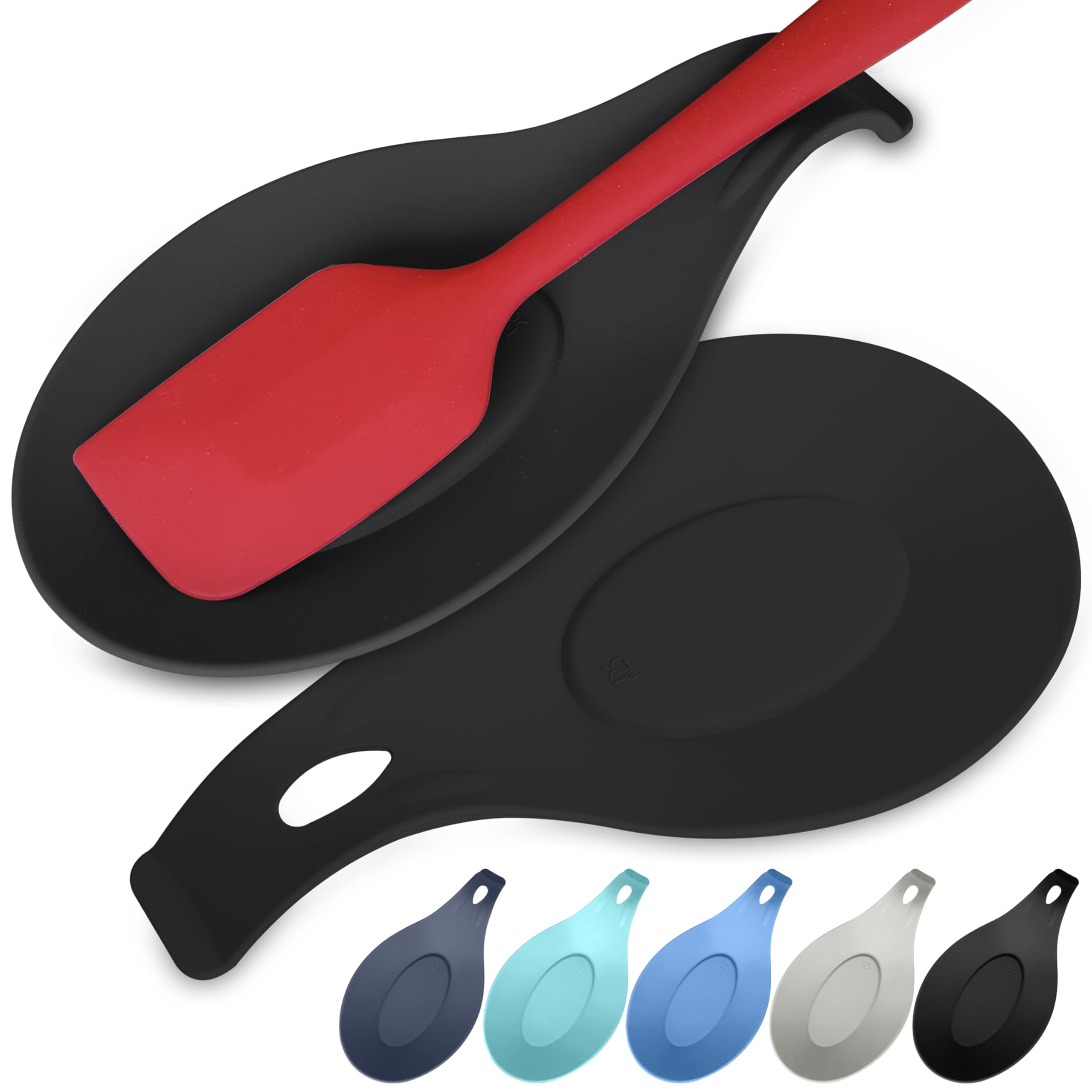 Black Silicone Spoon Rest for Stove Top, Set of 2, XL 9.2”, DISHWASHER SAFE