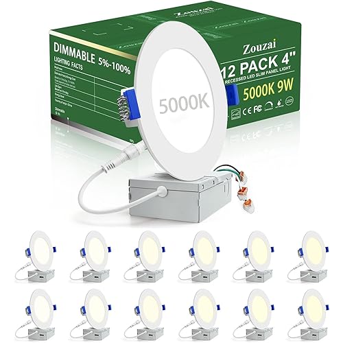 zouzai 12 Pack 4 Inch Ultra-Thin LED Recessed Ceiling Light with Junction Box, 5000K Daylight, 12W Eqv 110W, Dimmable Canless Wafer Downlight, 810LM High Brightness, ETL and Energy Star Certified