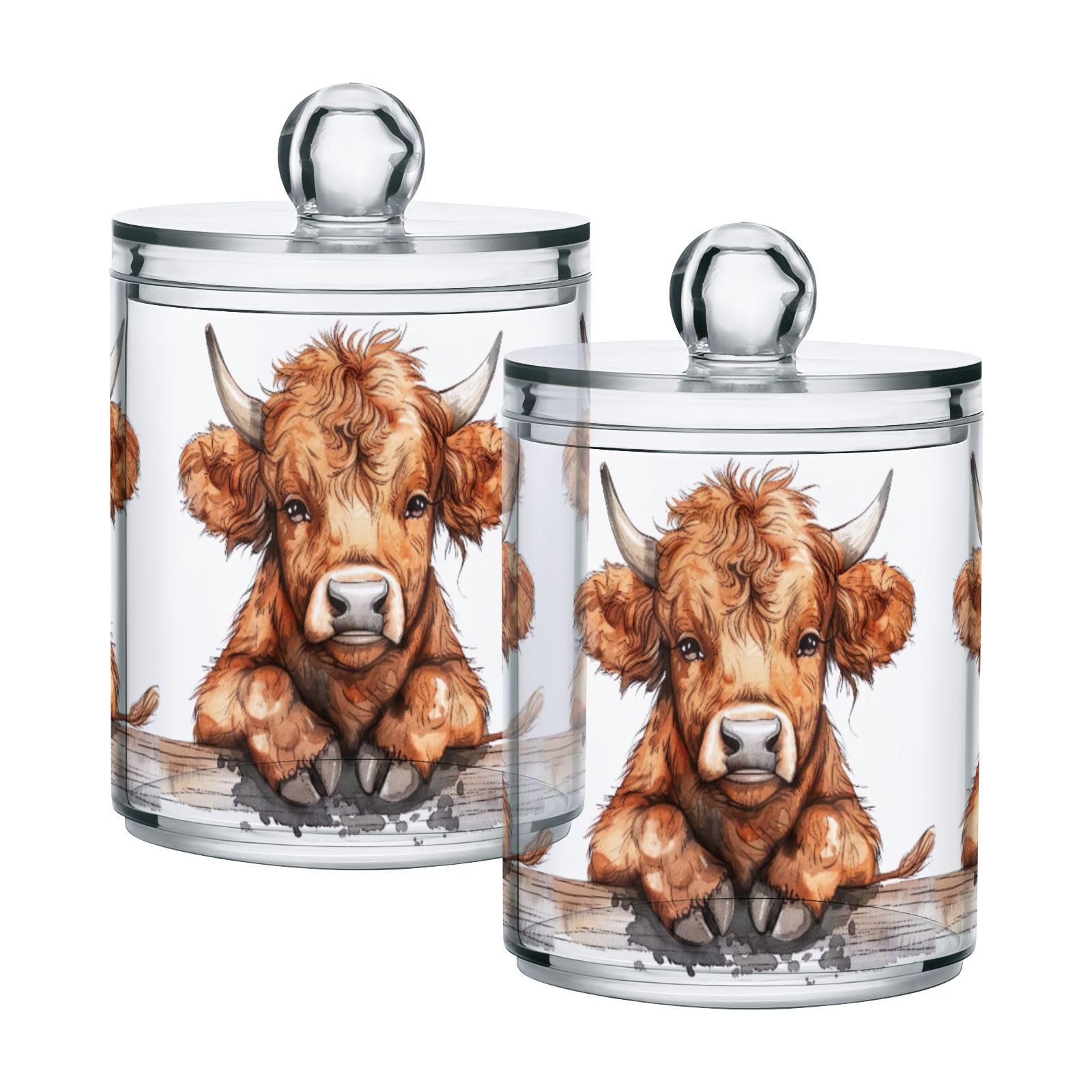 2 Pack Qtip Holder Dispenser with Lids,Scottish Highland Cow Plastic Storage Containers,Bathroom Canisters Organizer for Cotton Ball,Cotton Swab,Cotton Round Pads,Floss 21220034