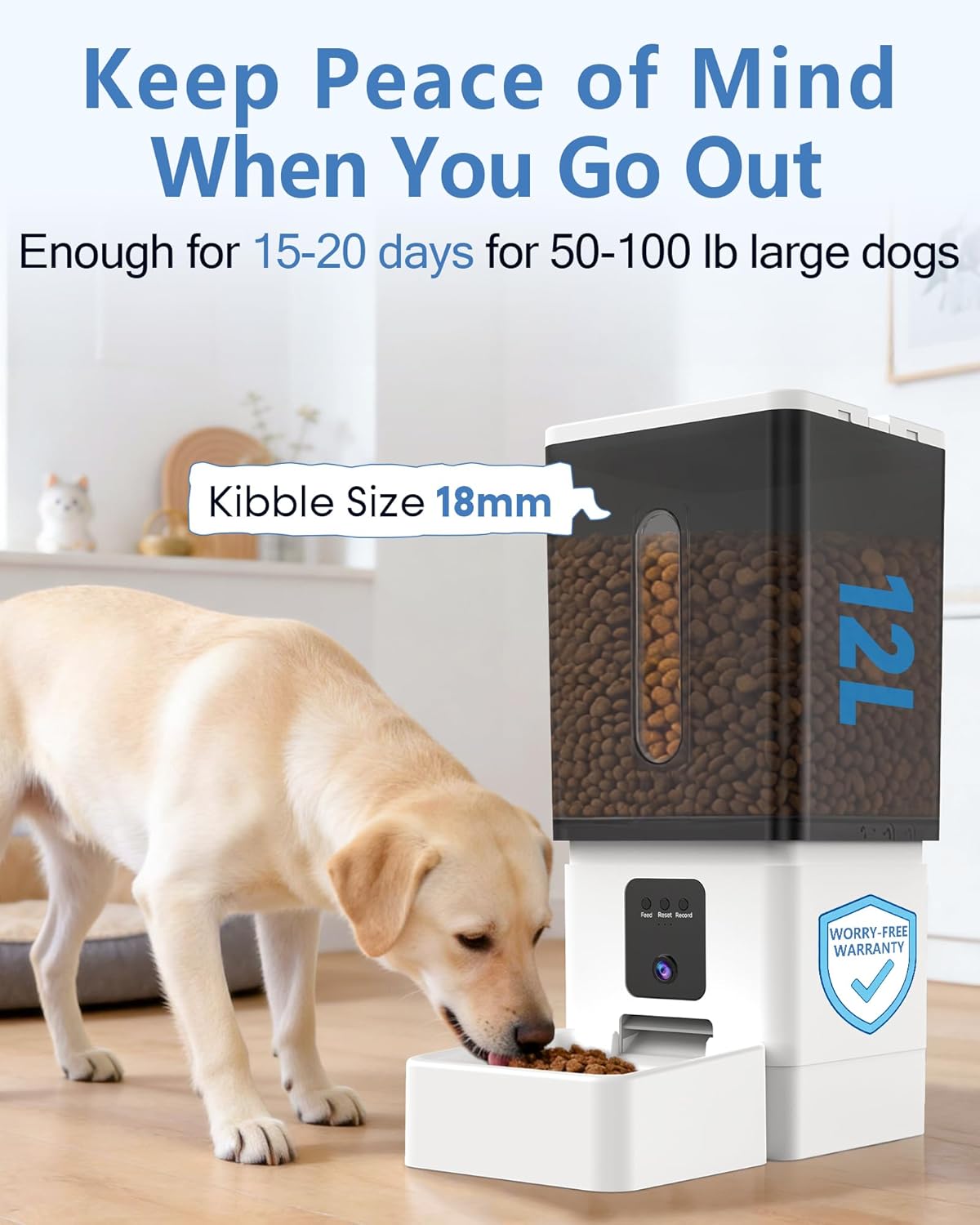 Large Dog Automatic Feeder with Camera: 12L/50 Cups Home Smart Dog Feeder for 20 Days Feeding - Anti-Clog with 20mm Wide Chute for Big Breed Owner
