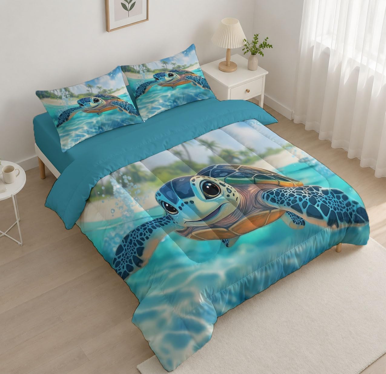 Cute Cartoon Comforter Set Queen Size, Sea Turtles Bedding Set for Girls Boys, Lake Blue Quilt Bed 90"X90" Bedding Comforter Sets with 2 Pillowcase Room Decor
