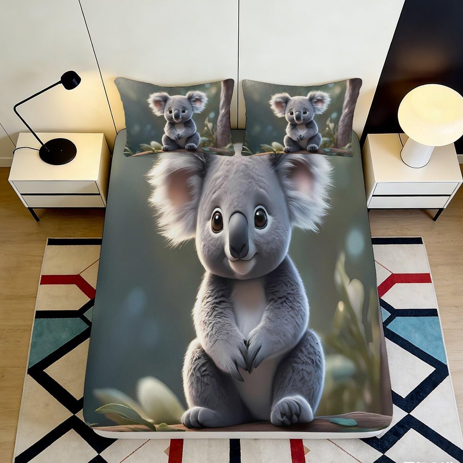 3D Printed Cartoon Koala Fitted Sheet Microfiber Deep Pocket Non-Slip Bedding Cartoon Koala Mattress Fitted Cover Washable for Bedroom Adult Youth 90x200x25cm