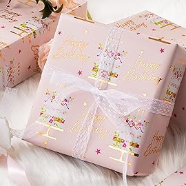 MAYPLUSS Birthday Cake Wrapping Paper Roll - 17 Inch X 33 Ft - Celebration Cake Design Paper Fun Candle Print w/Gold Shine Birthday Party Theme Gift Wrap Pastel for Wedding, Bridal Shower & Holiday