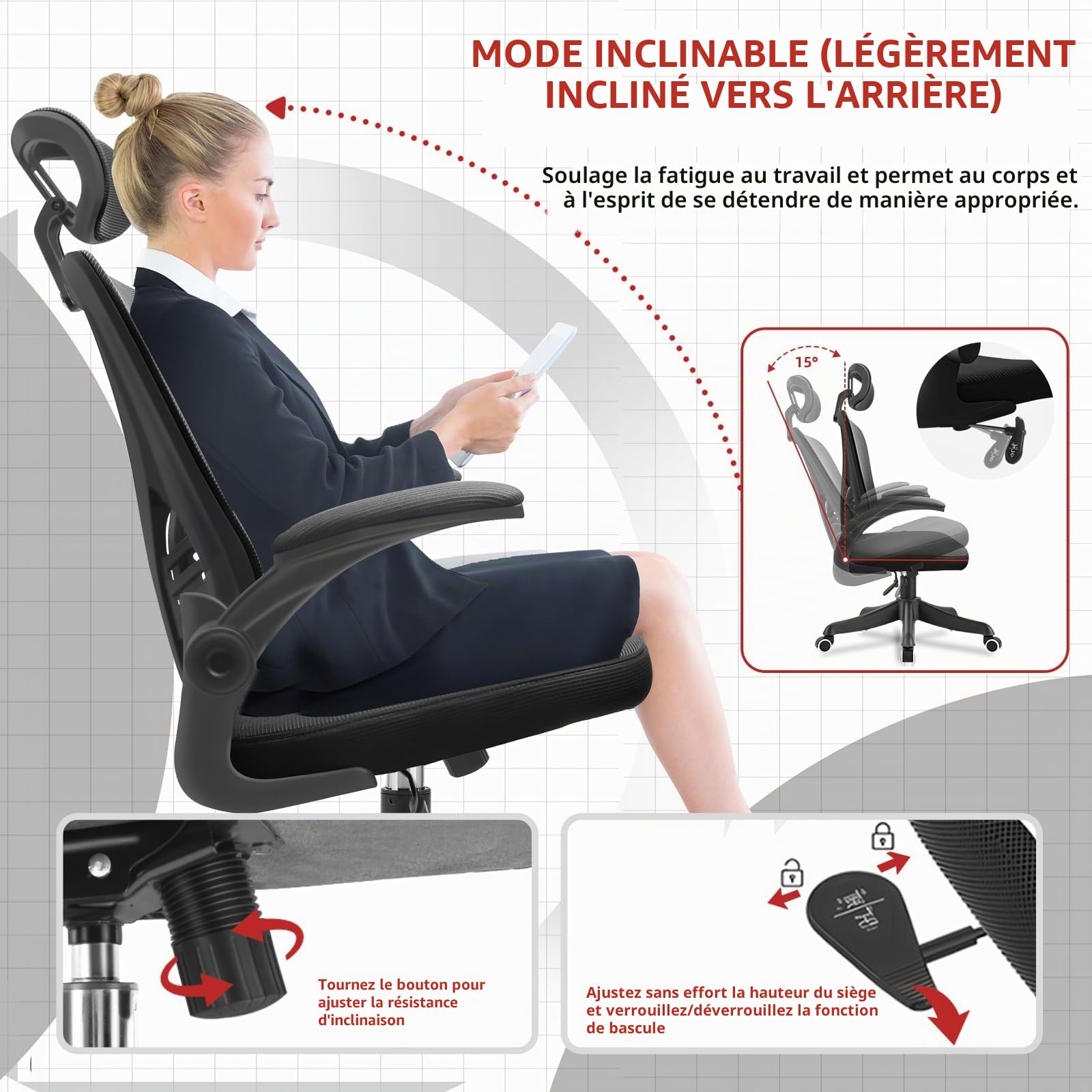 Chaise de Bureau Ergonomique avec appuie-tête et accoudoirs réglables, Support Lombaire, Dossier Respirant, Hauteur relevable et roulettes pour Bureau, Chambre ou étude