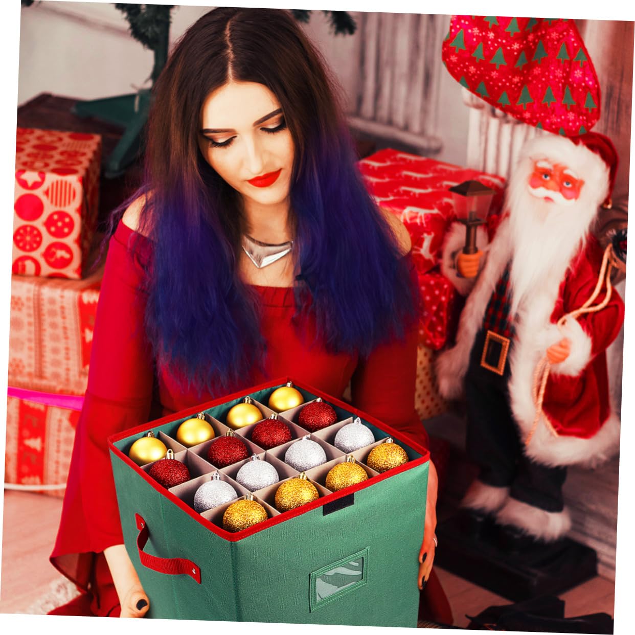 Contenitore per Palline di Natale, 600D Oxford Scatola per Decorazioni Natalizie, Natale Scatole con 4 Divisori Vassoi, Porta Palline per Ornamenti