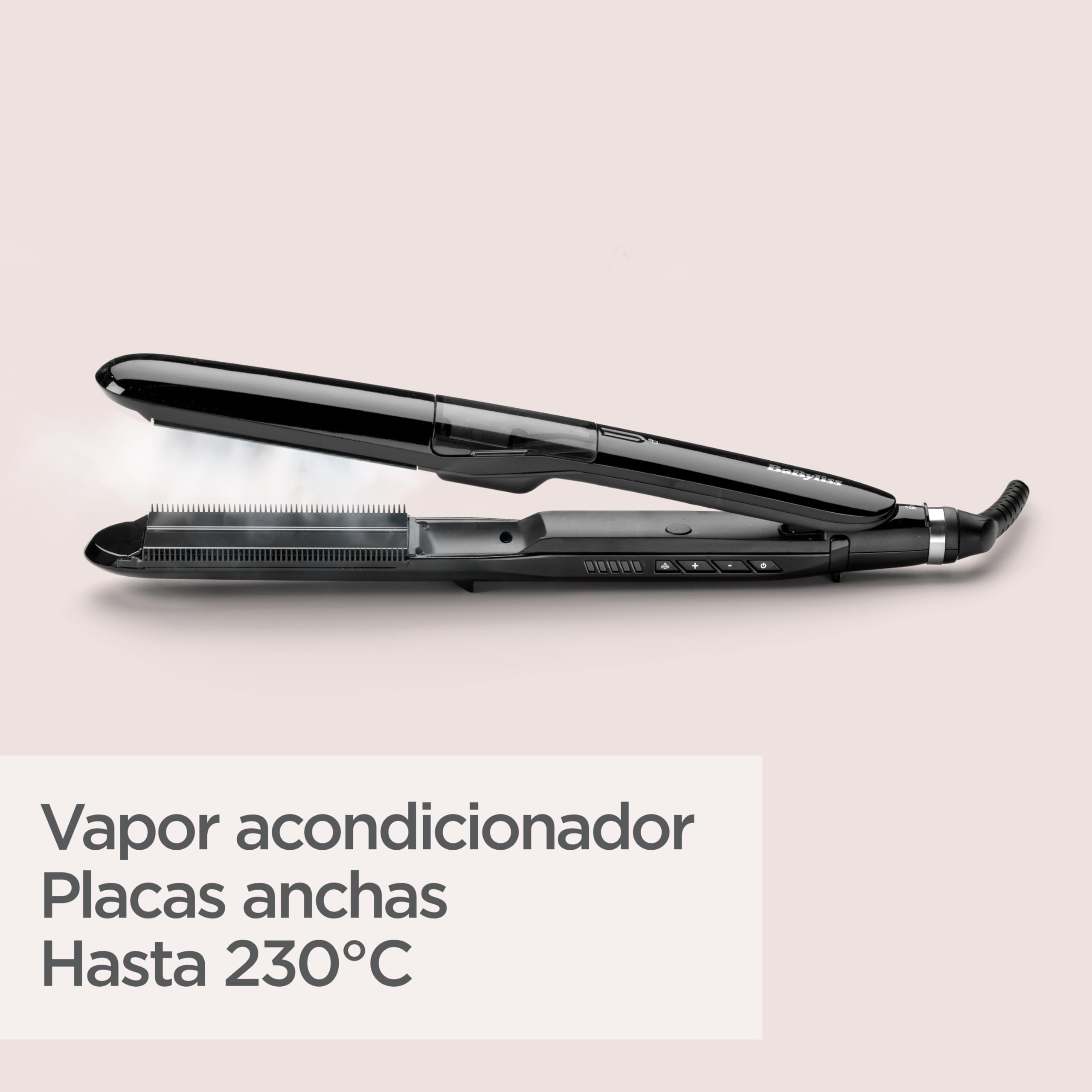 BaByliss Plancha de Pelo con Vapor - Sistema hidratante, Suaviza el Cabello, Placas extra anchas, Cerámica con titanio, Peinados Suaves, Alisador de pelo, 5 ajustes de calor de 150°C a 230°C, ST492E