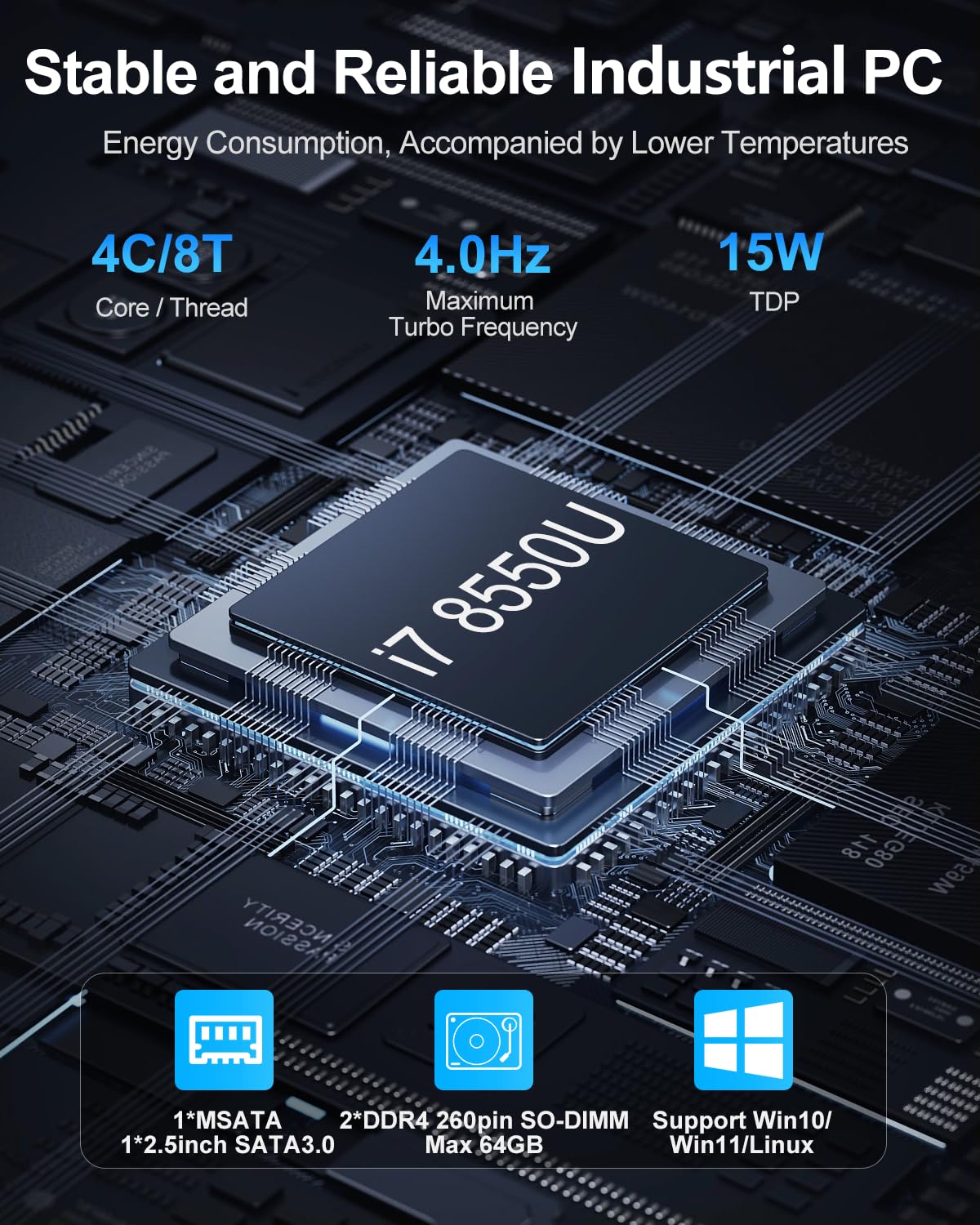 Fanless Mini PC, Industrie Computer with i7-8550U, Lüfterloser PC 8GB RAM 256GB SSD, 2 x 2.5G Gigabit Ethernet, Mini Computer Auto Power on