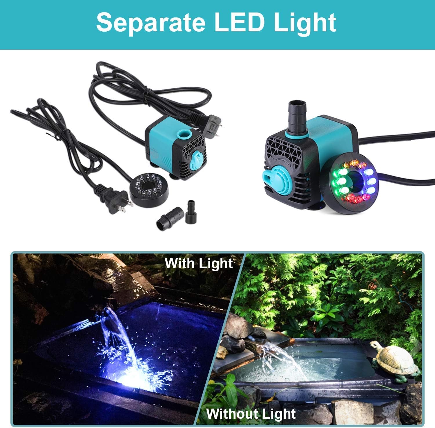 KEDSUM 130GPH Submersible Pump (600L/H,10W), Ultra Quiet Water Pump with 12 LED Colorful Lights, Fountain Pump with 3ft High Lift, 2 Nozzles for Fish Tank, Pond, Aquarium, Statuary, Hydroponics : Pet Supplies