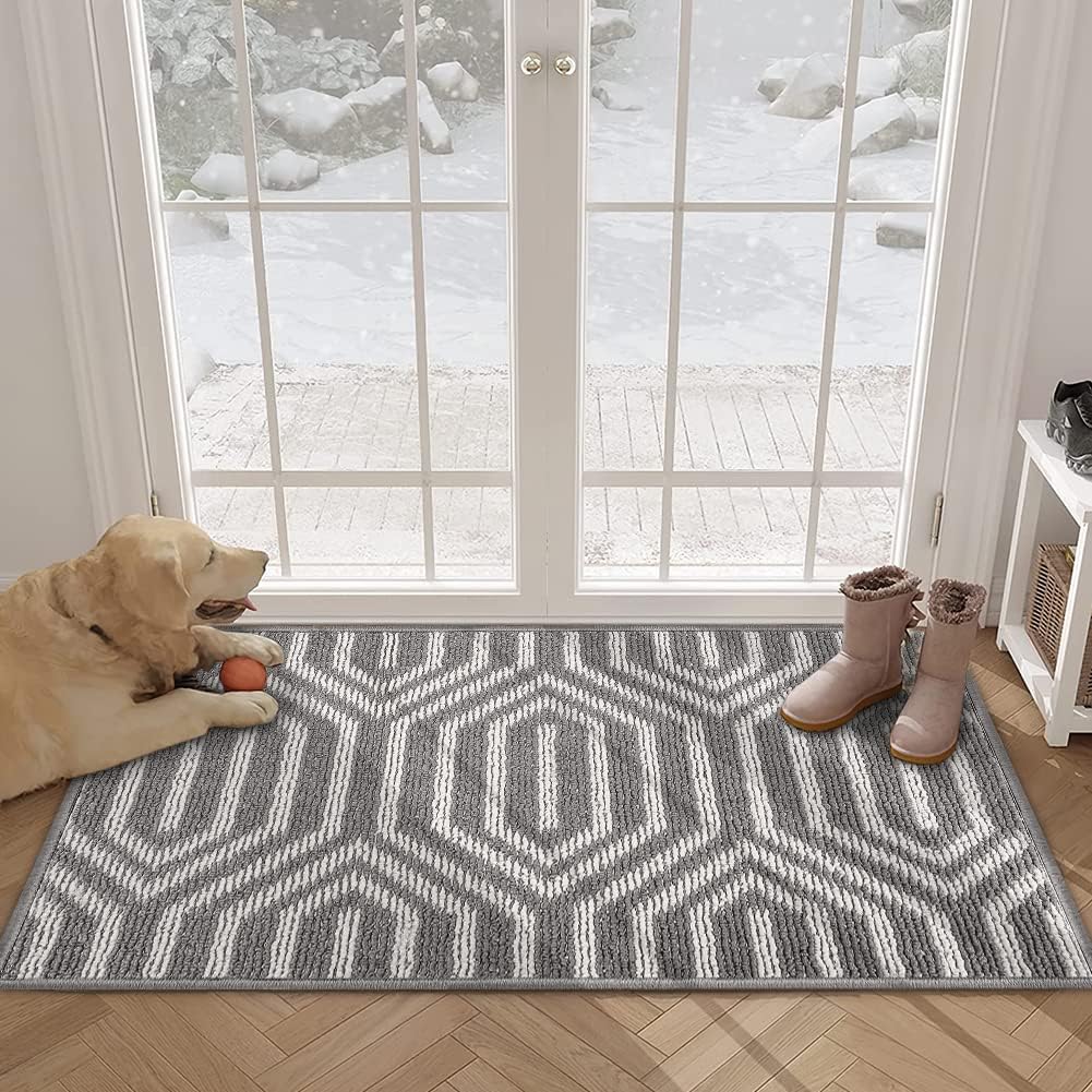 ONME Indoor Doormat, Front Back Door Mat Rubber Backing 20"x 31.5" Non Slip Door Mats, Absorbent Resist Dirt Entrance Rug Inside Floor Mats Machine Washable (Hexagon Gray)