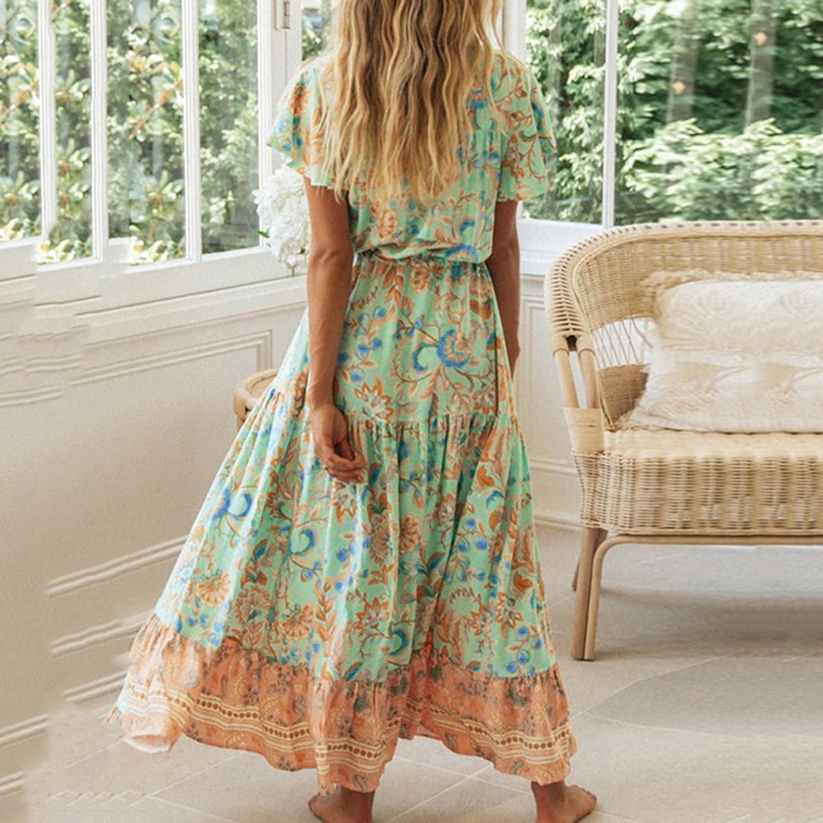 R.Vivimos Womens Summer Floral Print Cotton Short Sleeve Flowy Dress - Image 4