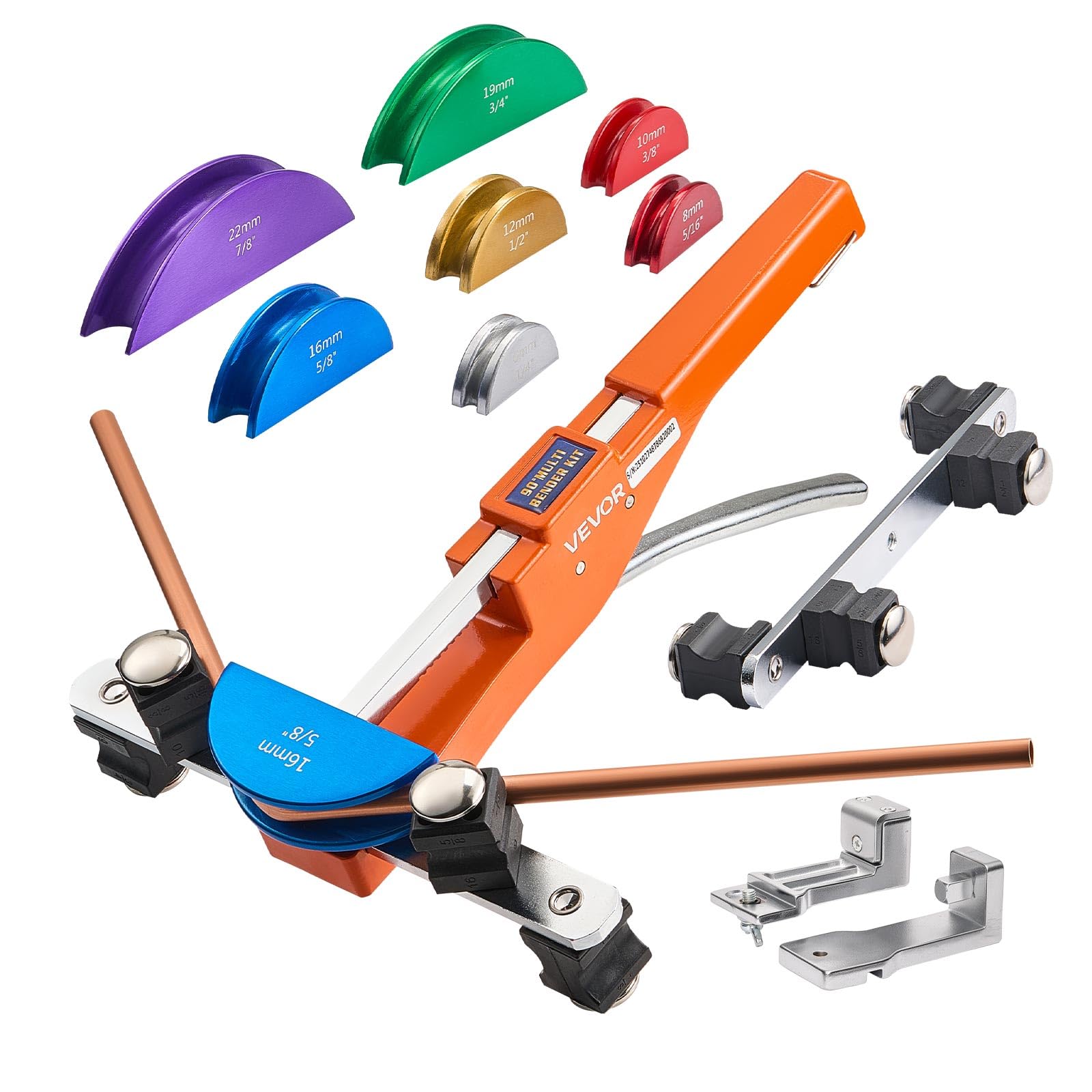 VEVOR Cintreuse Arbalète 6-​22 mm Cintreuse Tube à Cliquet Manuelle Outil Cintrage Tube Cuivre Aluminium Avant Arrière pour Réparation Climatisation Réfrigération, avec 7 Matrices de Pliage de Couleur