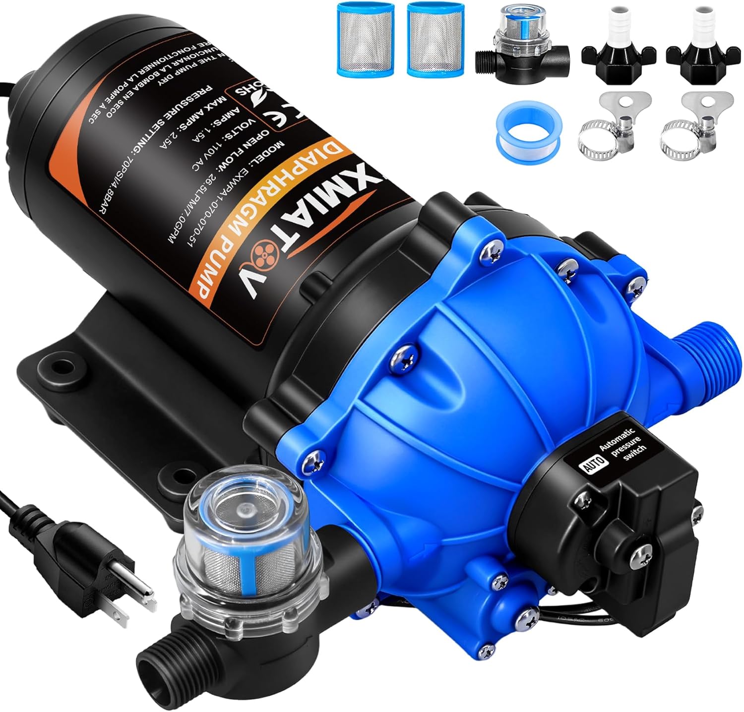 110V AC 7.0GPM 70PSI RV Fresh Water Pump,5 Chamber Self-Priming Diaphragm Water Pump with Pressure Switch and Strainer,Ideal for RV,Marine,Yacht Sprayer and Pressure Washing