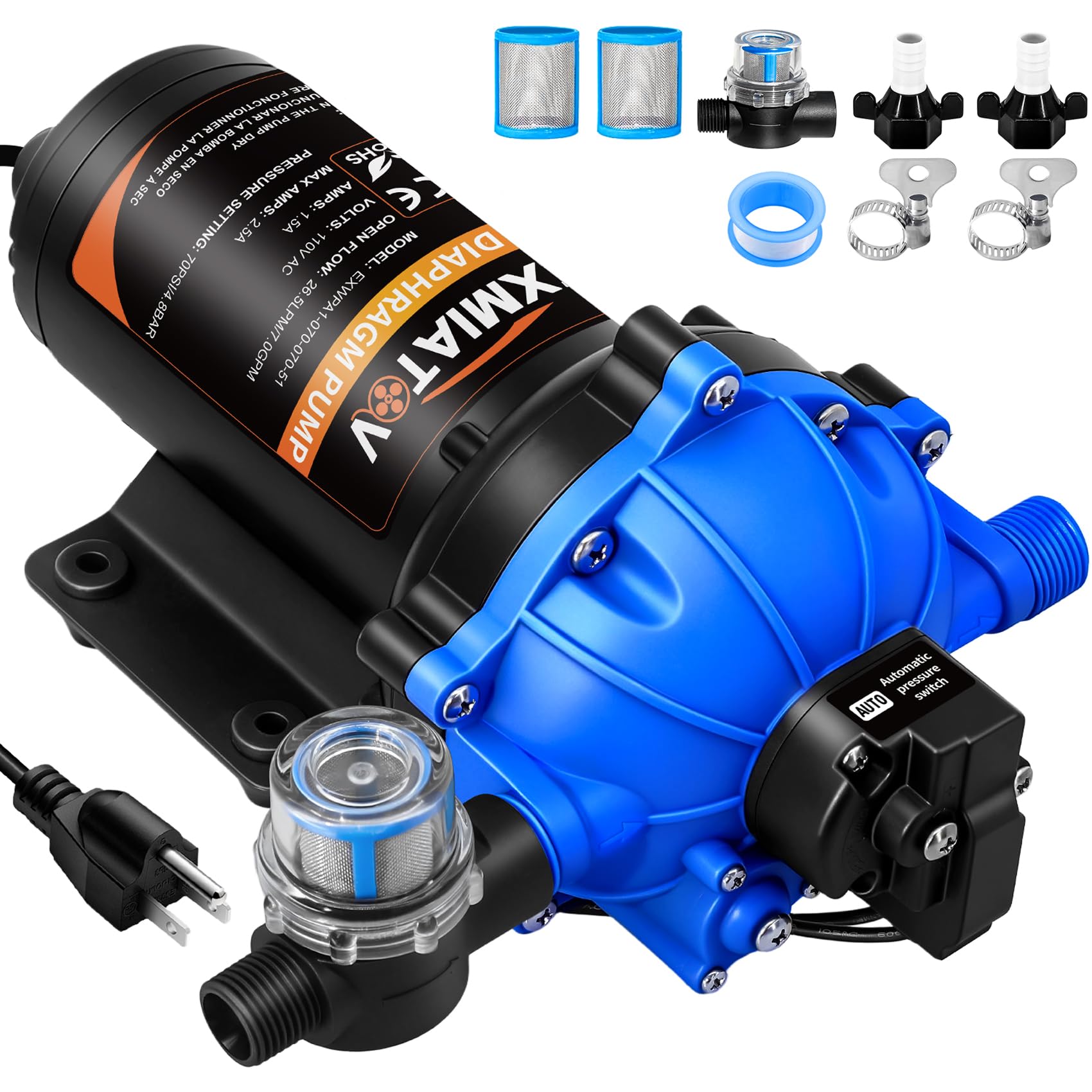 Photo 1 of [Upgraded Version]110V AC 7.0GPM 70PSI Fresh Water Pump,5 Chamber Self-Priming Diaphragm Water Pump with Pressure Switch and Strainer,Ideal for RV,Marine,Yacht Sprayer and Pressure Washing