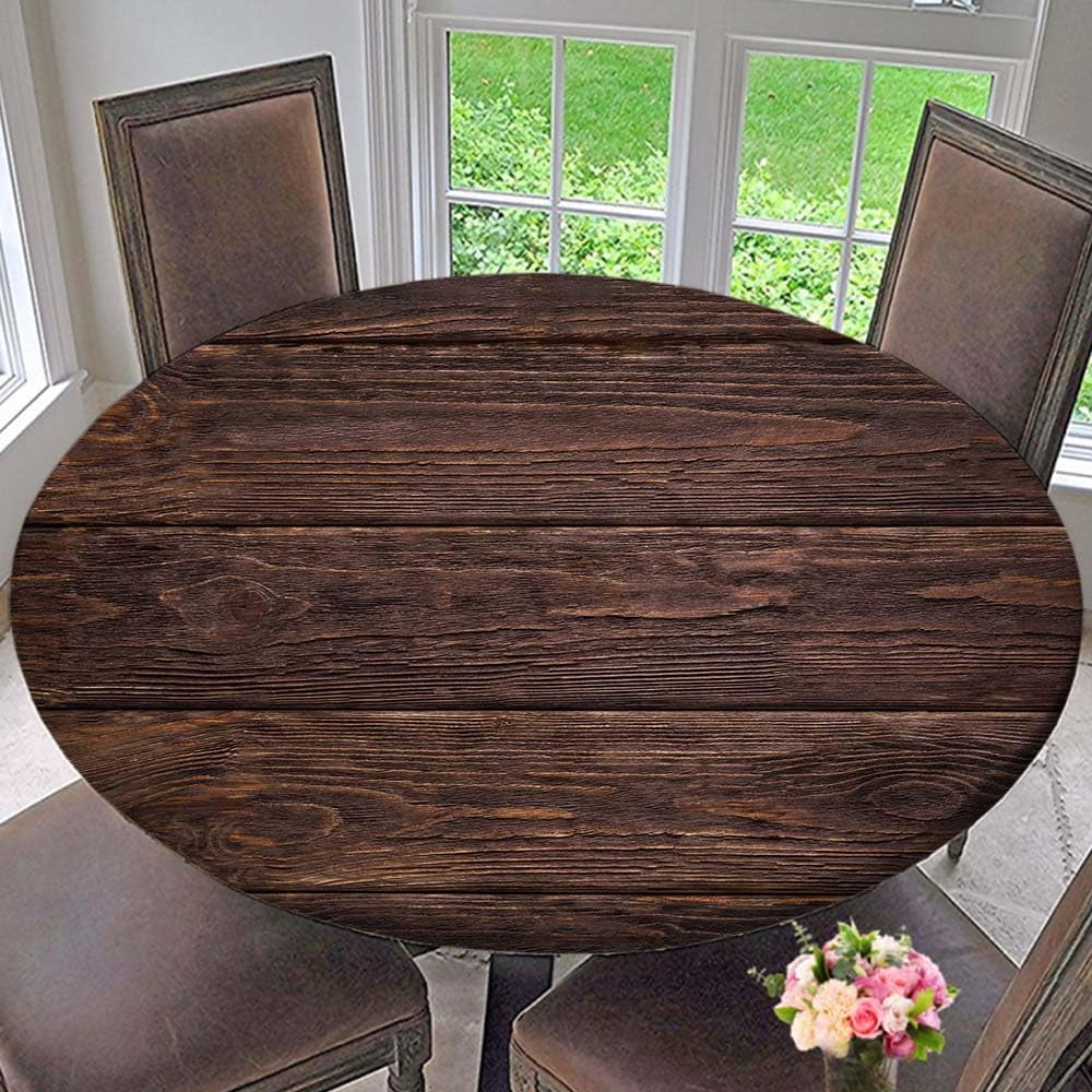 Wood Grain Table Cloth Round Cover Dark Brown Fitted Tablecloth with Elastic Edge Waterproof Tablecloths for Dining Party Picnic Farmhouse, 64" Fit for 52.2"-56.1" Tables Style-14