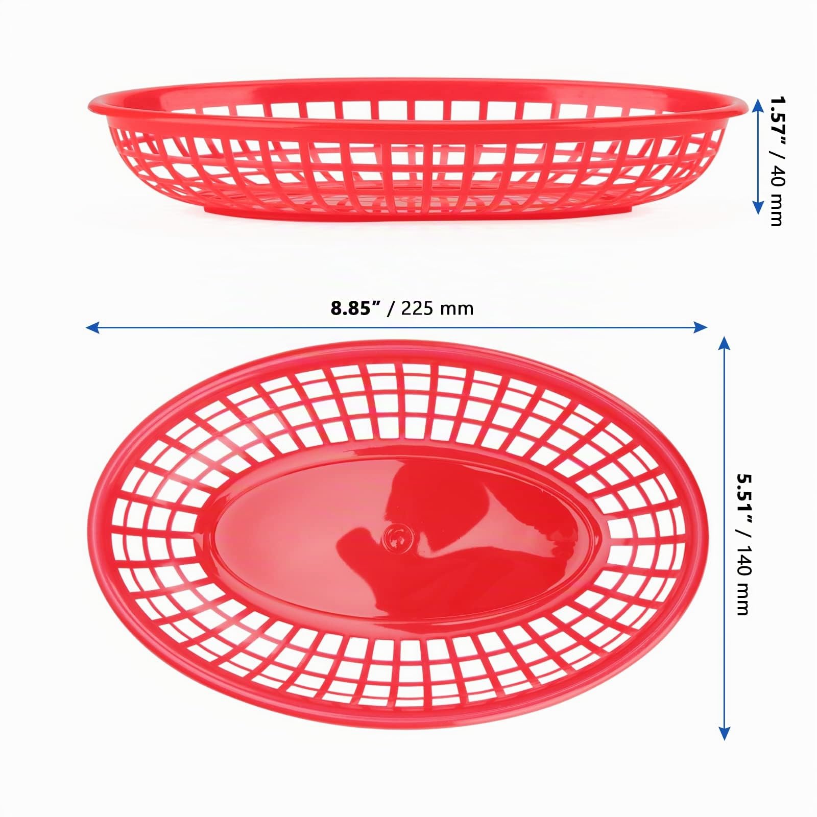 Panier Plastique pour Frites - Lot de 50 Paniers de Restauration Rapide avec 100 Feuilles Papier Deli - Paniers Ovales Rouge 22.5 x 14 x 4 cm pour Snacks, Barbecue, Pique-nique