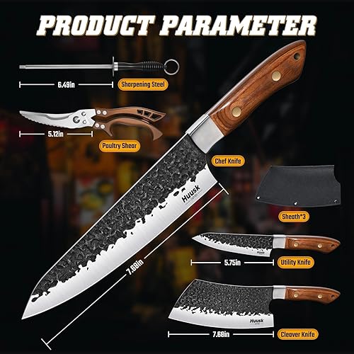 Miniatura 7 de Huusk Juego de Cuchillos de Chef de 5 Piezas - Cuchilla de Carnicero Forjada a Mano y Cuchillo de Chef Vikingo y Cuchillos Utilitarios, Juego de
