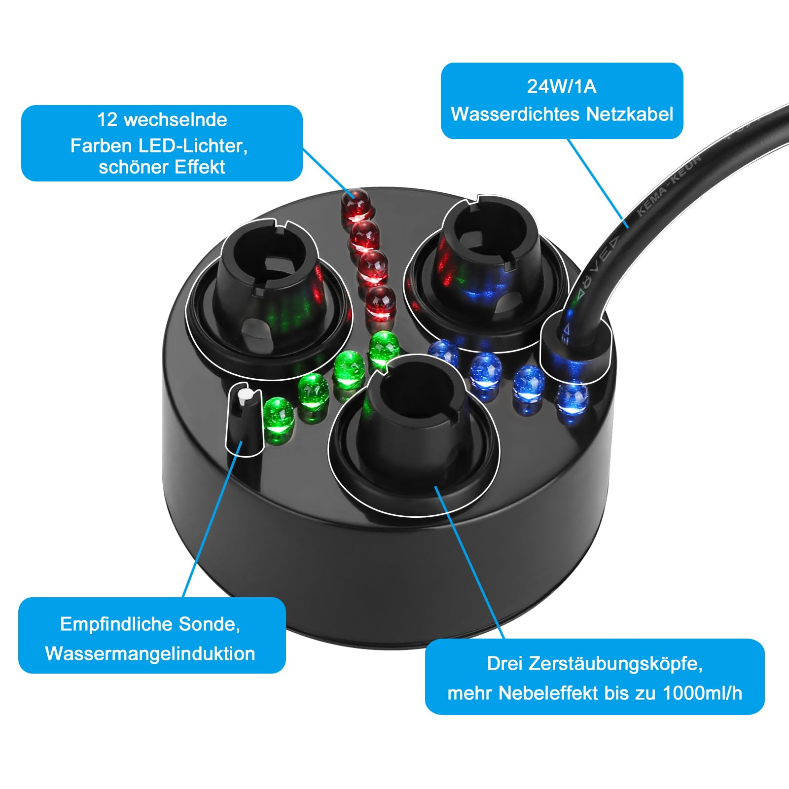 FITNATE Mist Ultrasone Nevelaar, 12 Leds, Ultrasone Rookmachine Met 12 Led Kleurwisseling Regelschakelaar Voor Het Regelen Van De Nevelcapaciteit En Led Verstuiver Luchtbevochtiger Voor Fontein Vijver Grote