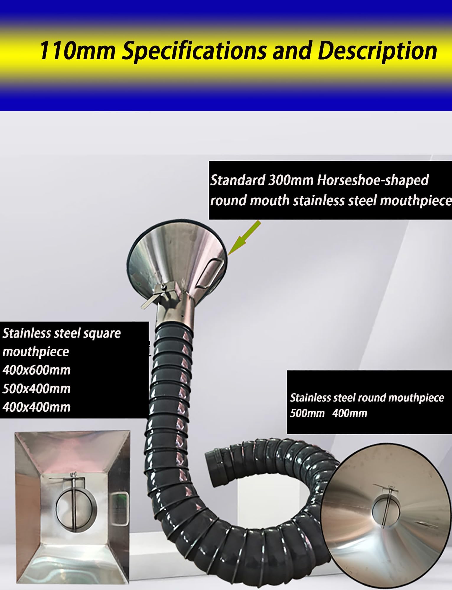 Tubo flessibile per aspirazione fumi di saldatura con cappuccio in acciaio inox, 160 mm x 100 cm, tubo di ventilazione industriale per officina e filtrazione dell'aria di fabbrica