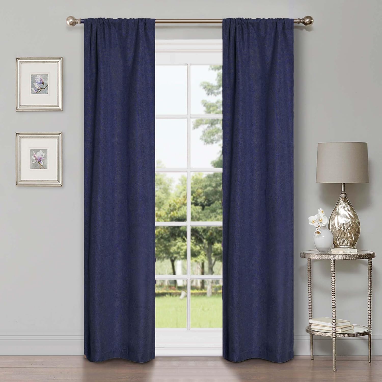 BNM Room Darkening Blackout Curtain Panels, Drapes for Kitchen, Bedroom, Office, Living Room Windows, Window Treatment Accents, Linen Pattern Blackout Curtains, Set of 2, 26" x 84", Navy Blue