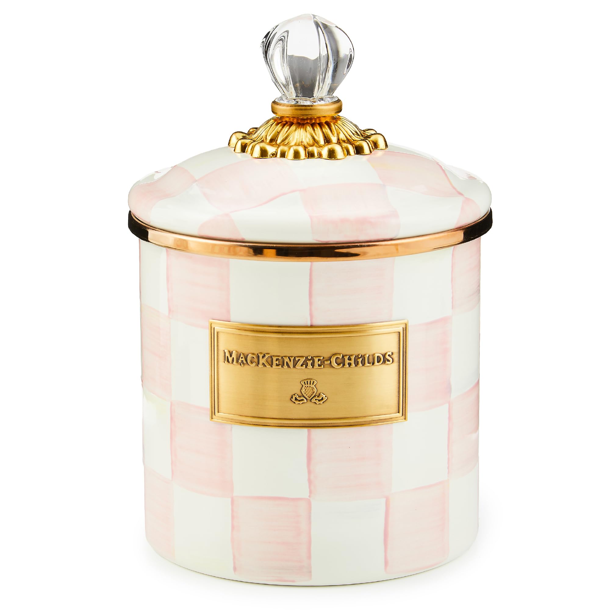 MACKENZIE-CHILDS Medium Enamel Canister, Kitchen Storage Container for Flour and Sugar, 1.42 Liters, Pink-and-White Rosy Check