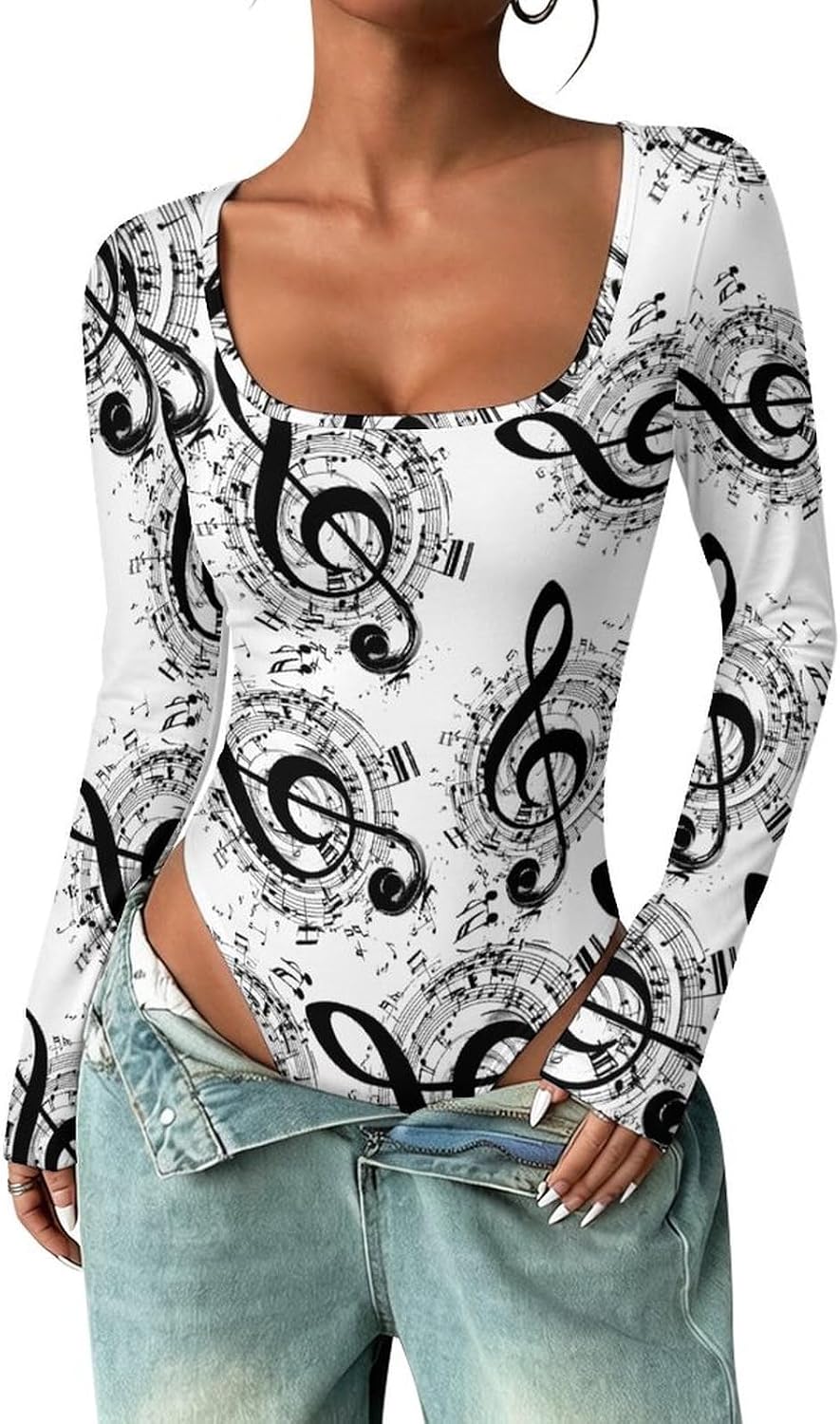Black And White Music Notes Women's Bodysuits Long Sleeve Top 5XL