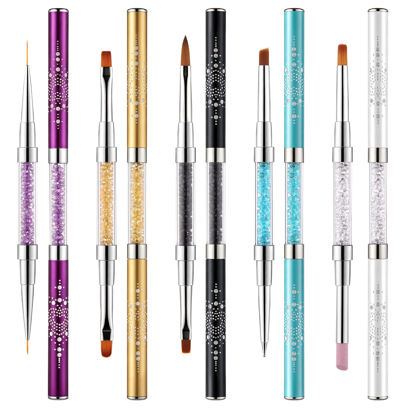 5-Piece Dual-Ended Nail Art Brush Set, Crystal Rhinestone Handle 2-in-1 Nail Brush Kit for Gel Polish, Acrylic, Liner, Detail & Ombre Nail Designs, Professional Manicure Tools