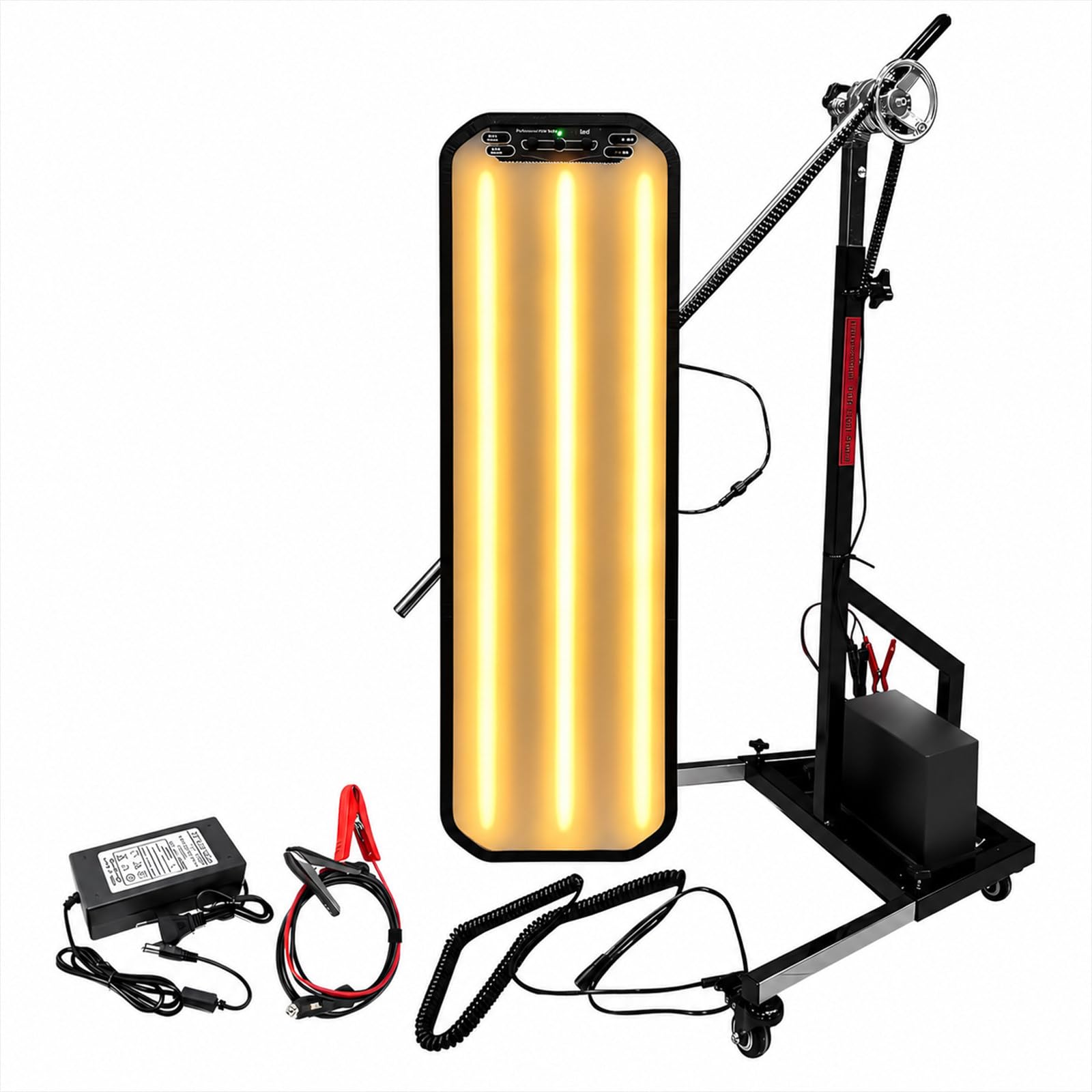 JIYINGHUI Professional Paintless Dent Repair LED Board, PDR Dent Detection Light with Hydraulic Adjustable Stand, Warm/Cool LED Strips, 360° Rotation, 12V 72W Black