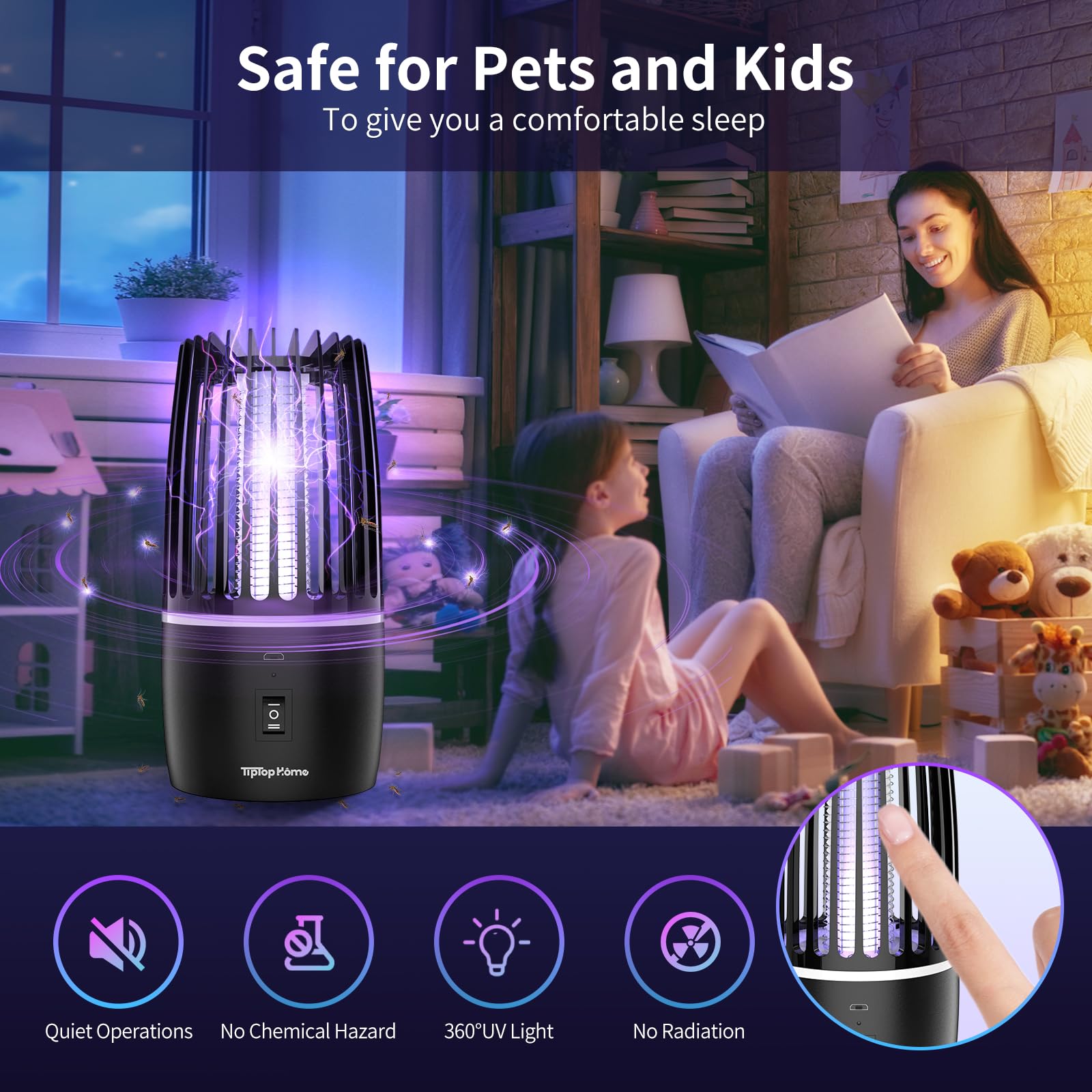 Lampe Anti Moustique, Lampe électrique Anti Insectes 4000mAh Rechargeable USB Piège à Mouche Insectes 360 ° UV Électrique Anti Moustique Veilleuse Intérieur Extérieur Veilleuse Puissant Attrayant