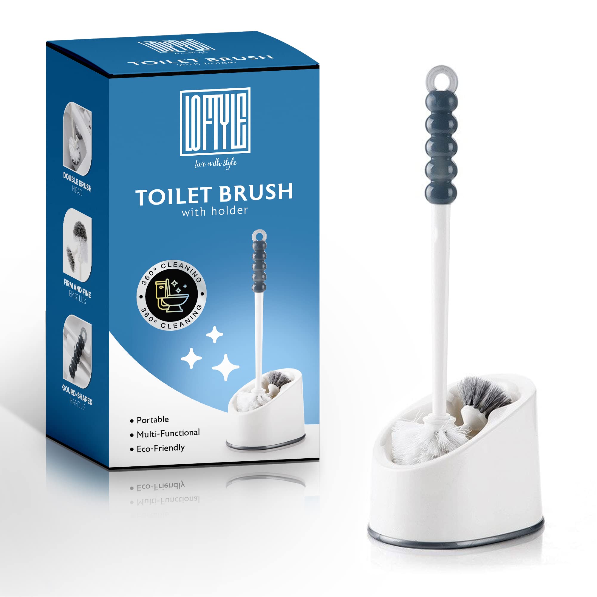 LOFTYLE Toilet Brush and Holder set with built-in Toilet Rim Cleaner Attachment - Long Plastic handle Toilet Brush- Strong nylon bristles –Non scratch toilet brush -Quick drying brush holder.