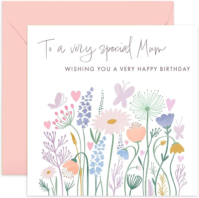 Old English Co. To A Very Special Mum Birthday Card - Flower Butterfly Heart Meadow Happy Birthday Card from Children, Son, Daughter | Cute Sweet Pastel Design | Blank Inside & Envelope Included