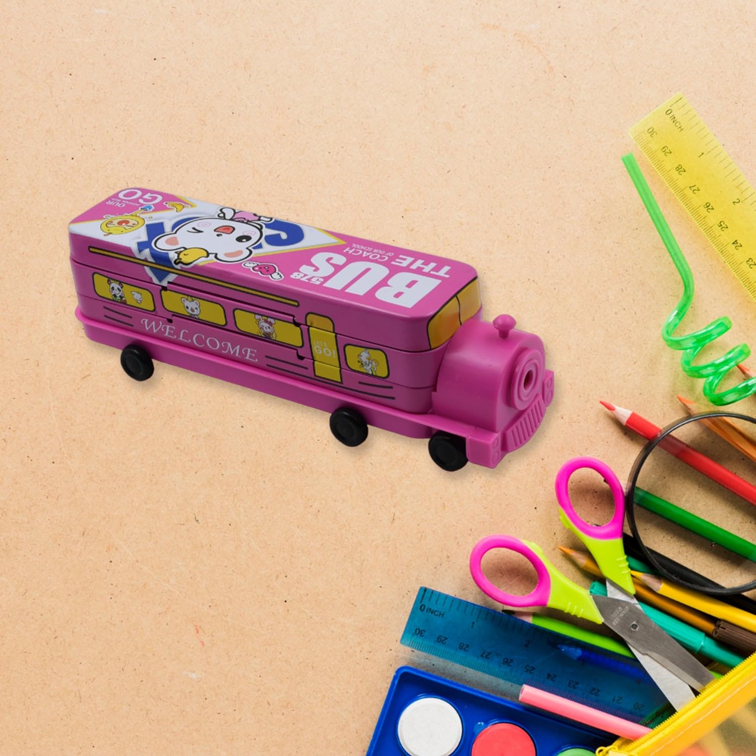 Wowli Double Decker Magic Bus Compass 2 Layer Metal Bus Compass Case with Movable Wheels Bus Shape with Tiers Metal Box for Children Birthday Party 4