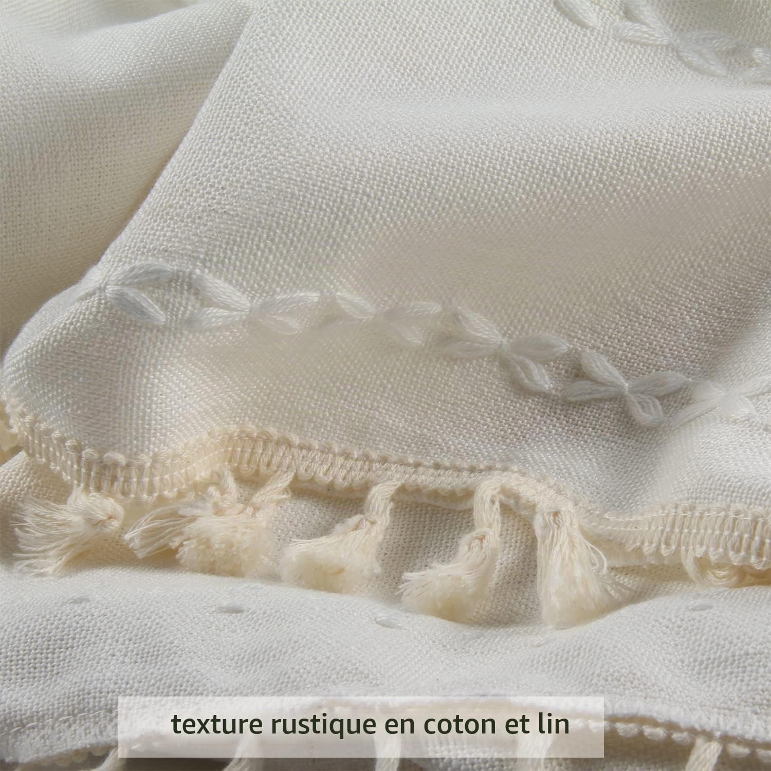 Rideaux de fenêtre Semi-occultants de Style bohème en Lin à Pompons avec Broderie pour Salon et Chambre à Coucher – Draperies avec Passe-Tringle 132,1 x 213,4 cm (l x L)