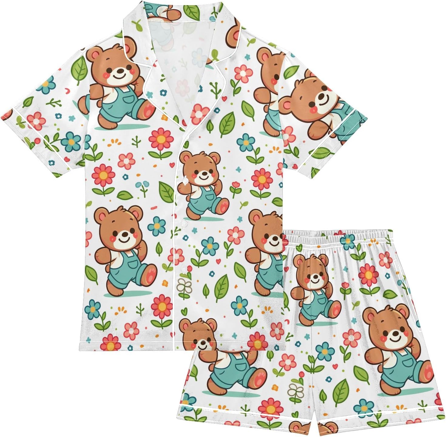 Kids Casual Satin Wear Set Pattern with Cartoon Bear Flower and Leaf Unisex Short Sleeve Clothing for Relaxing