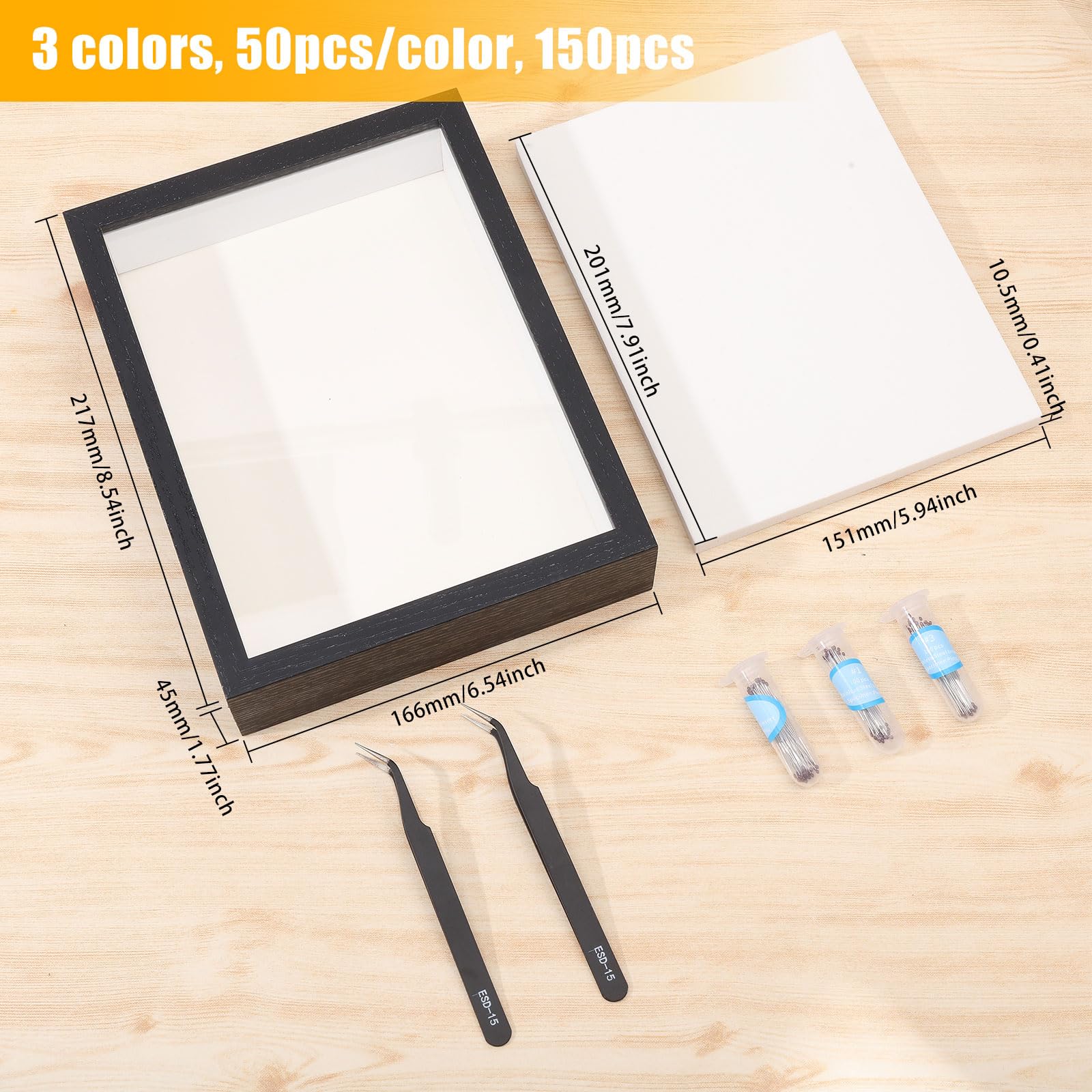 GLOBLELAND 1Pc Insect Display Case Wall Mount Insect Collection Box Set for Butterfly Specimen with 1 Sheet EVA Foam Board 2pcs Stainless Steel Curved Pointed Tweezers and 150Pcs Insect Pins