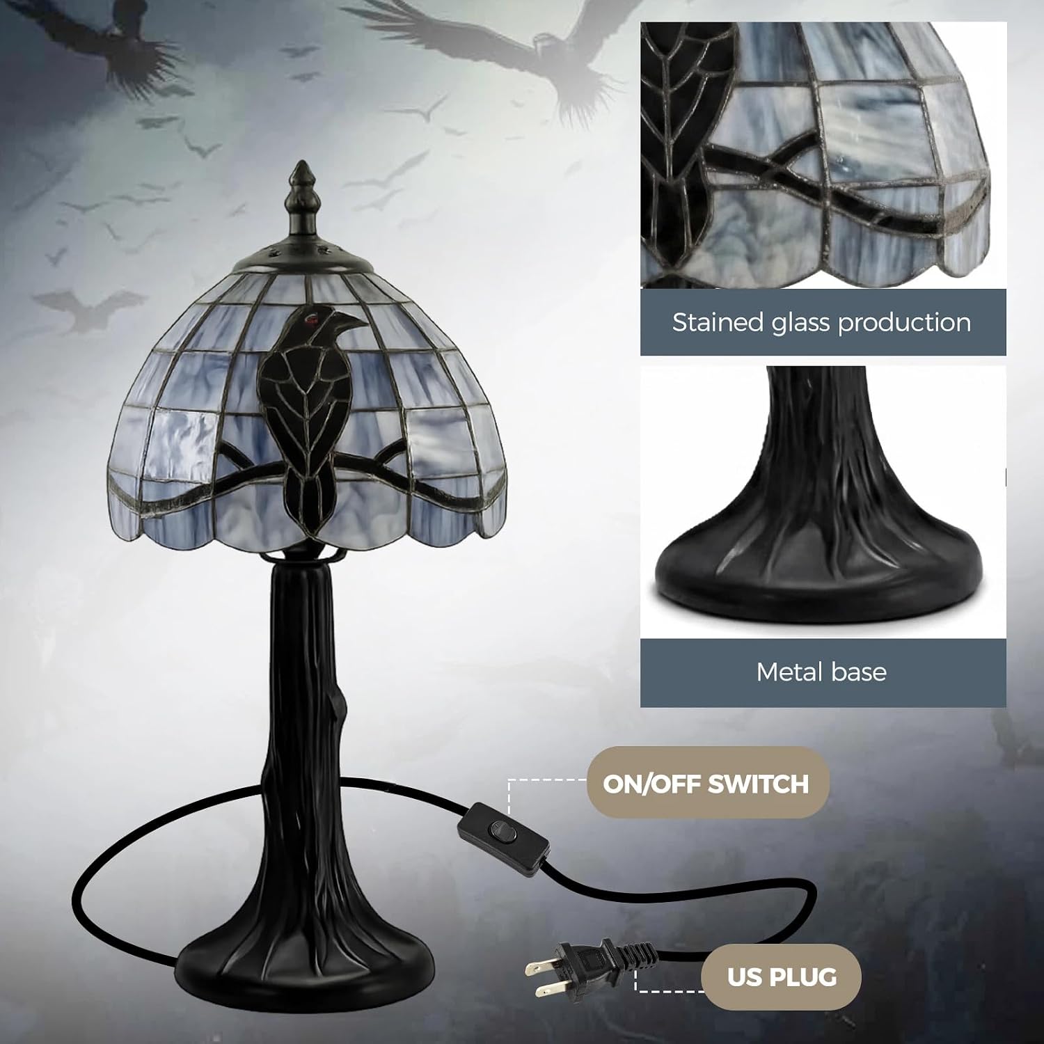 Stained Glass Raven Lamp Table Light with Handcrafted Lampshade - Vintage Spooky Small Crow Lamp for Bedside Bedroom Living Room Goth Gifts Home Decoration (6Wx12.5H,Vintage)