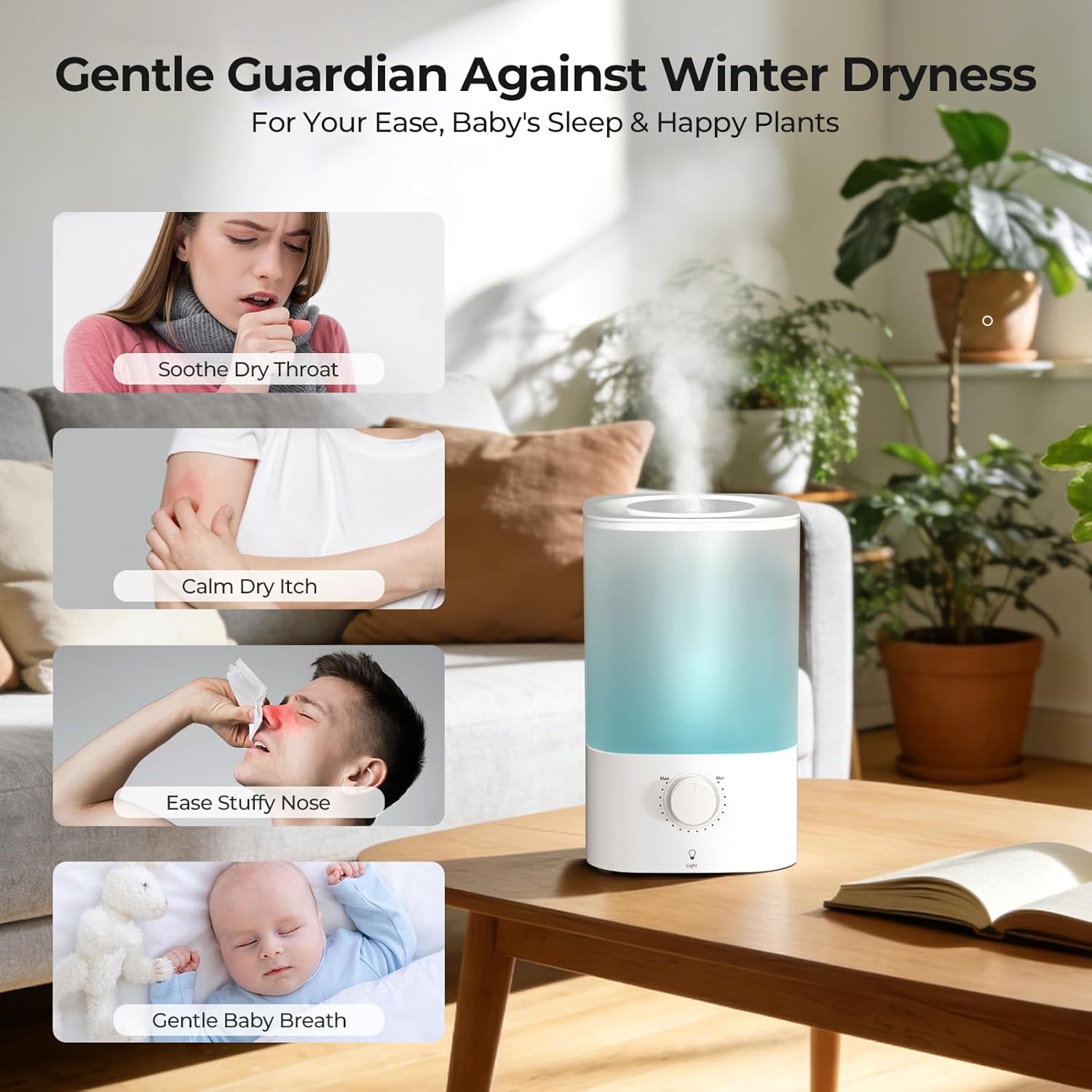 Electactic Top-Fill Cool Mist Bedroom Humidifier for Plants & Baby Nursery, 3.2L Large Capacity for up to 40H Runtime, Ultra Quiet <28dB, 3 IN 1, 5μm Fine Mist, BPA-Free for Living Room, Desk, Office