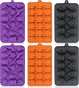 6Pcs Halloween Jello Chocolate Candy Silicone Molds with Piping Bags*20，3D Halloween Pumpkin Skull Spider Bat Mold Silicone for Chocolate Jello Gummy Candy Ice Cubes Cake Decoration BPA-free