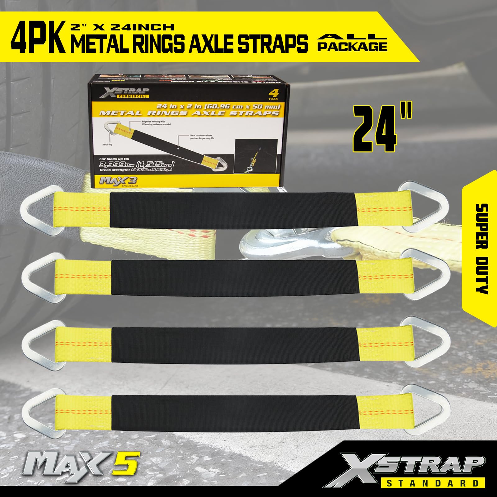 XSTRAP 4 sztuki 61 x 5 cm pasek na oś z tuleją ochronną i pierścieniem D do zabezpieczenia transportu samochodu, paski do mocowania osi - 1,511 kg, pojemność 10 000 wytrzymałości na rozerwanie