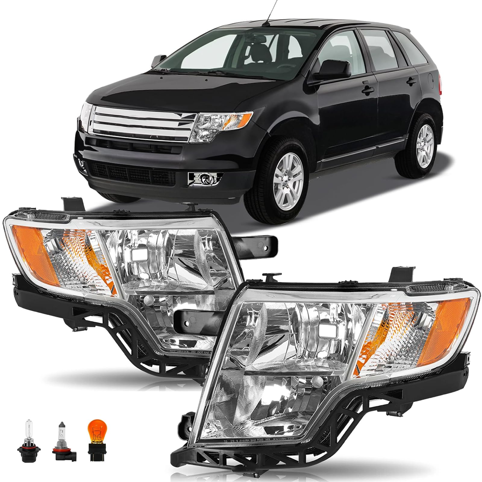Headlights Assembly Replacement for 2007 2008 2009 2010 Ford Edge Halogen Head Light Headlamp w/Bulbs Driver and Passenger Side, Chrome Housing Amber Corner Clear Lens OE # FO2502228, FO2503228