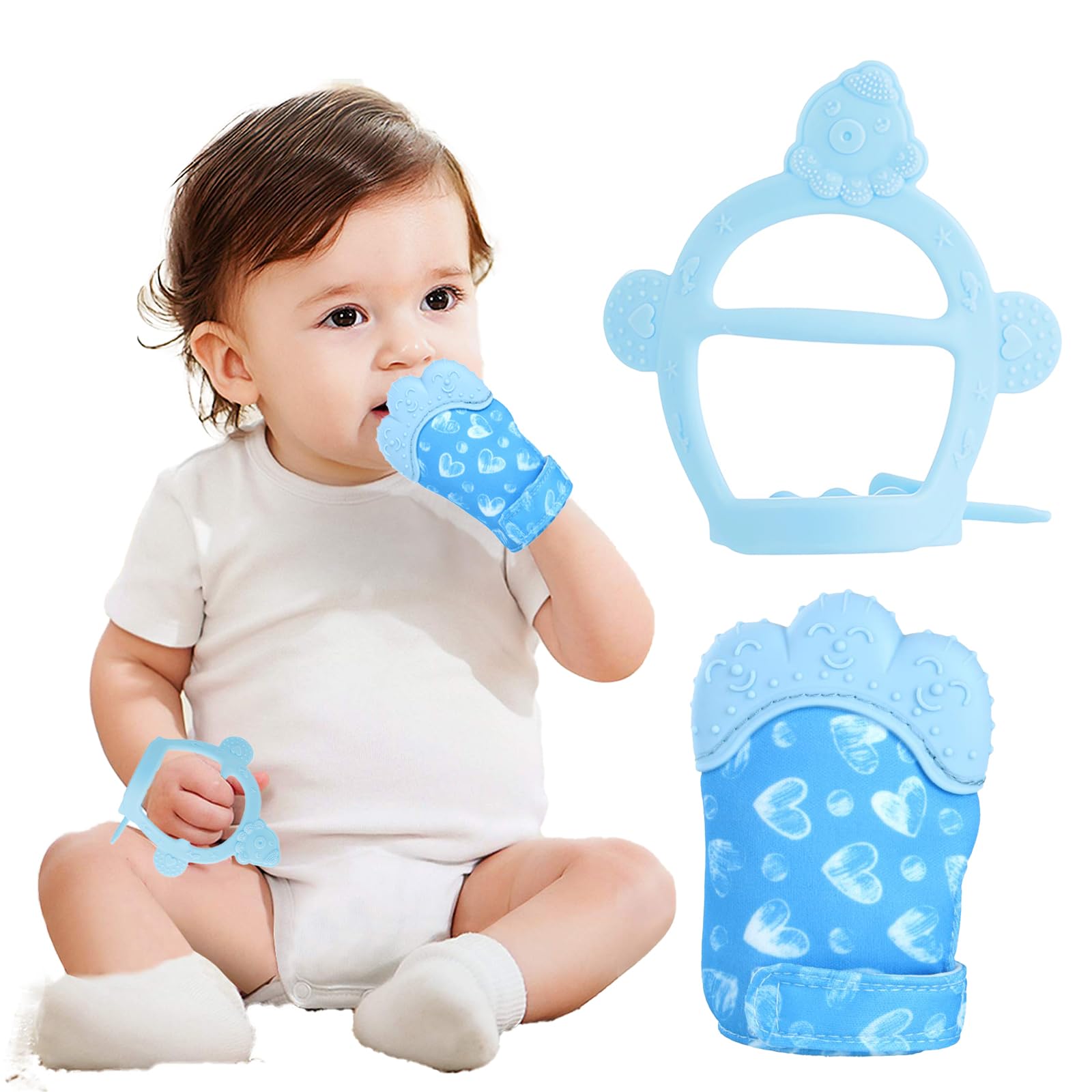 Teething Toys for Baby - Soothing Teething Mitten and Chew Toy Set - BPA Free Silicone Teethers, Adjustable Teething Mitt for Babies, Infant Pain Relief Teething Glove with Stimulating Rattle