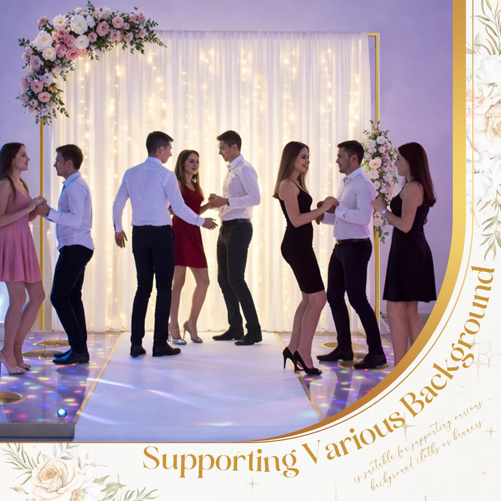 Fumete Soporte de telón de fondo dorado de 8 x 8 pies con cortina y kit de luces LED, cortina de 5 x 10 pies, 2 paneles con bolsillos para barra y cadena de luces ajustables para boda, fiesta de
