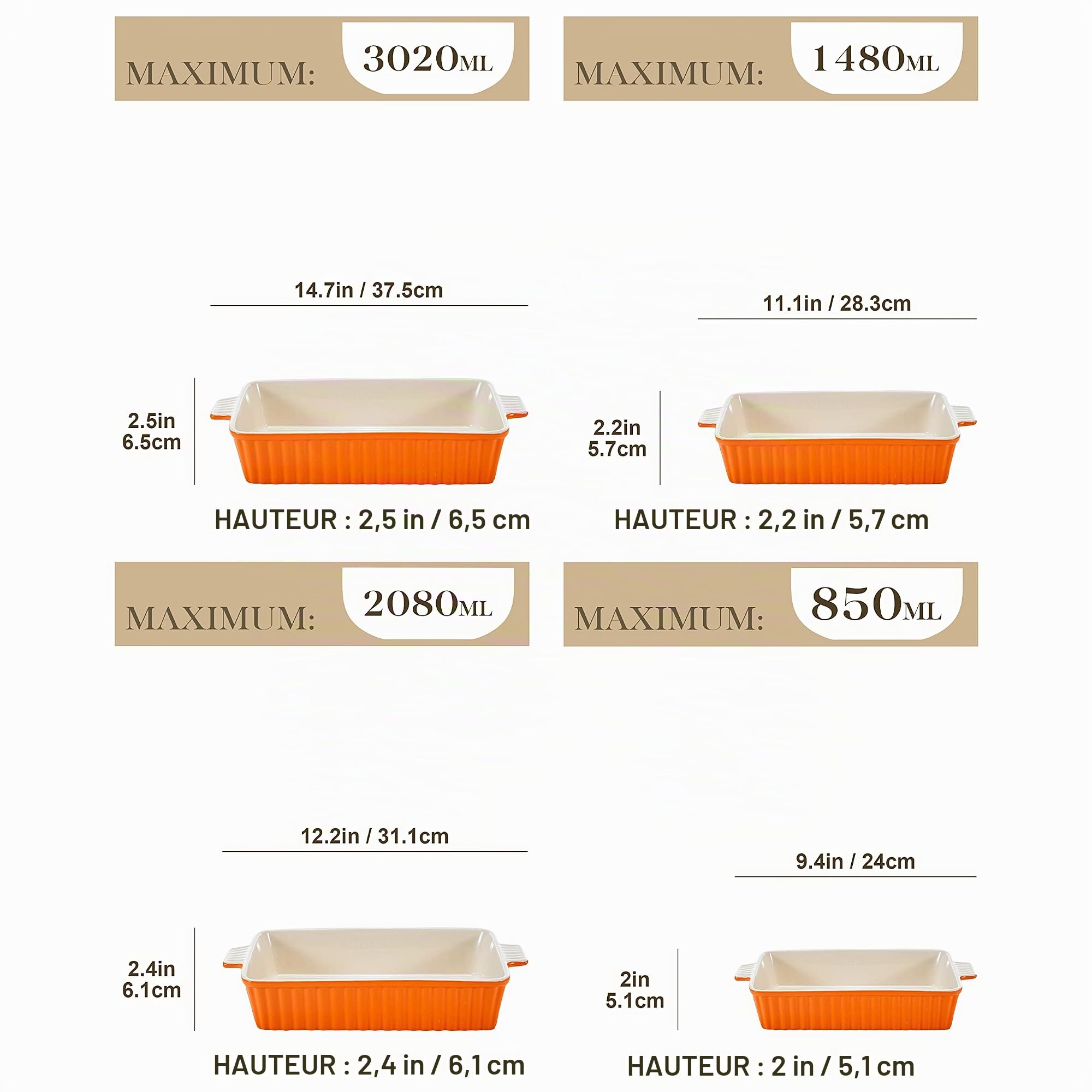 MALACASA Série BAKE, Lot de 4 Plats à Four en Céramique Blanc, 3020ml, 2080ml, 1480ml, 850ml, Plats à Gratin avec Poignées, Passe au Lave-vaisselle, Idéaux pour Cuisson et Gratin - Orange