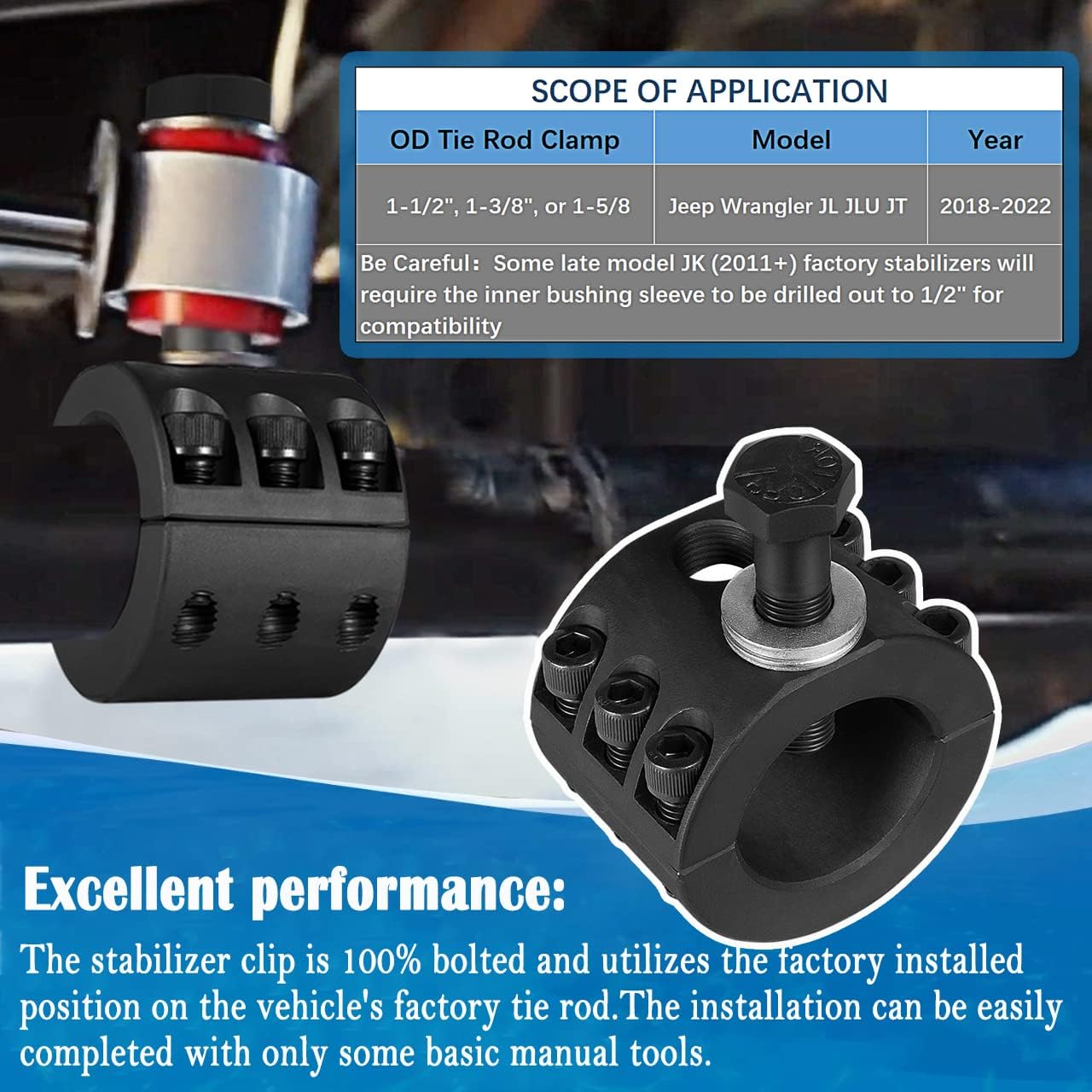 4050-63 Steering Stabilizer Tie Rod Clamp Fits for Jeep Wrangler JL JLU Gladiator JT 1-5/8" Dia(OEM Tie Rod))