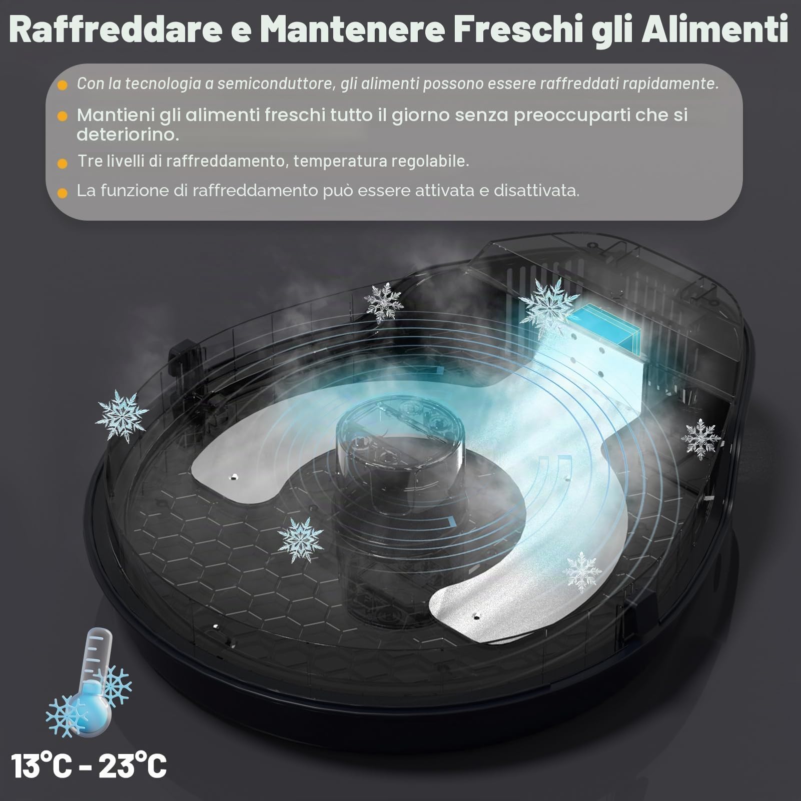 Mangiatoia automatica per gatti con raffreddamento, tecnologia di raffreddamento a semiconduttore, funzione di temporizzazione, 5 scomparti, piatto premium, lavabile, per gatti e cani