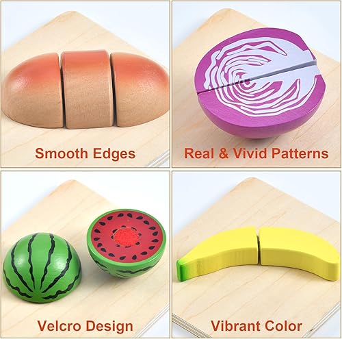 Miniatura 6 de WHOHOLL Juego de comida de madera para niños de cocina, accesorios de cocina para simular, cortar alimentos, juguetes Montessori para niños de más